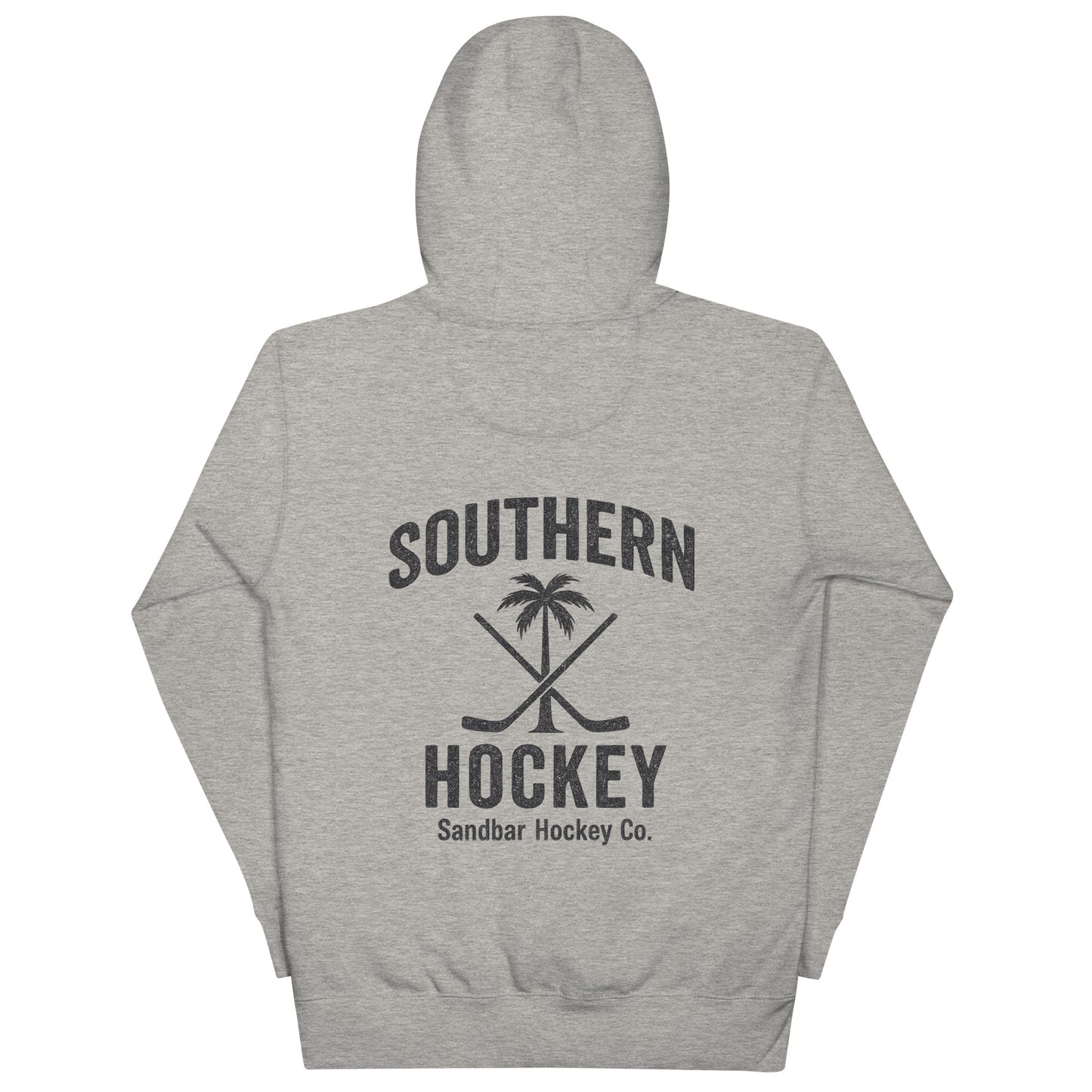 Grey hockey hoodie back side with Southern Hockey palm tree and crossed sticks graphic