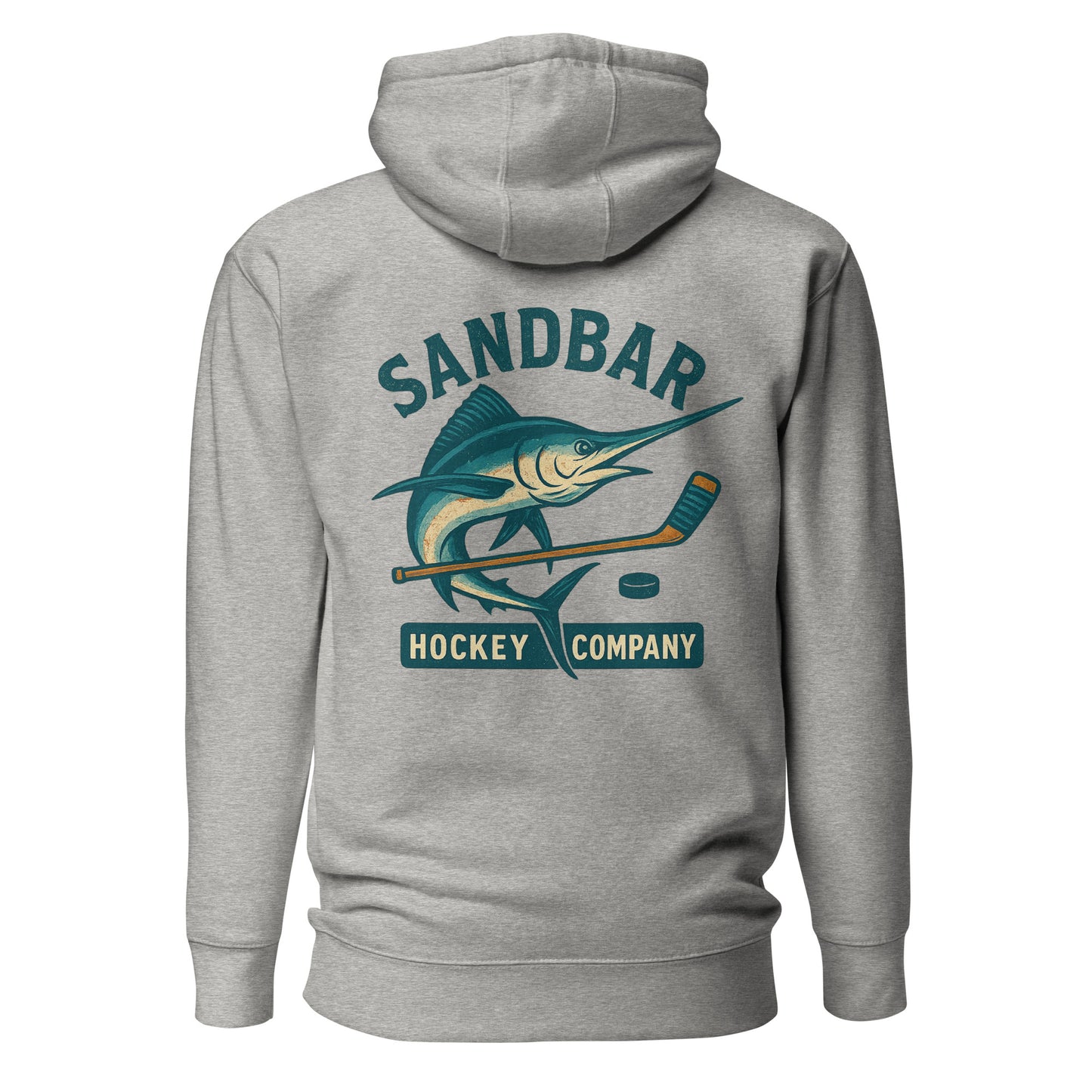 Carbon Grey hockey hoodie back side with large marlin, hockey stick, and puck graphic with Sandbar Hockey Company text