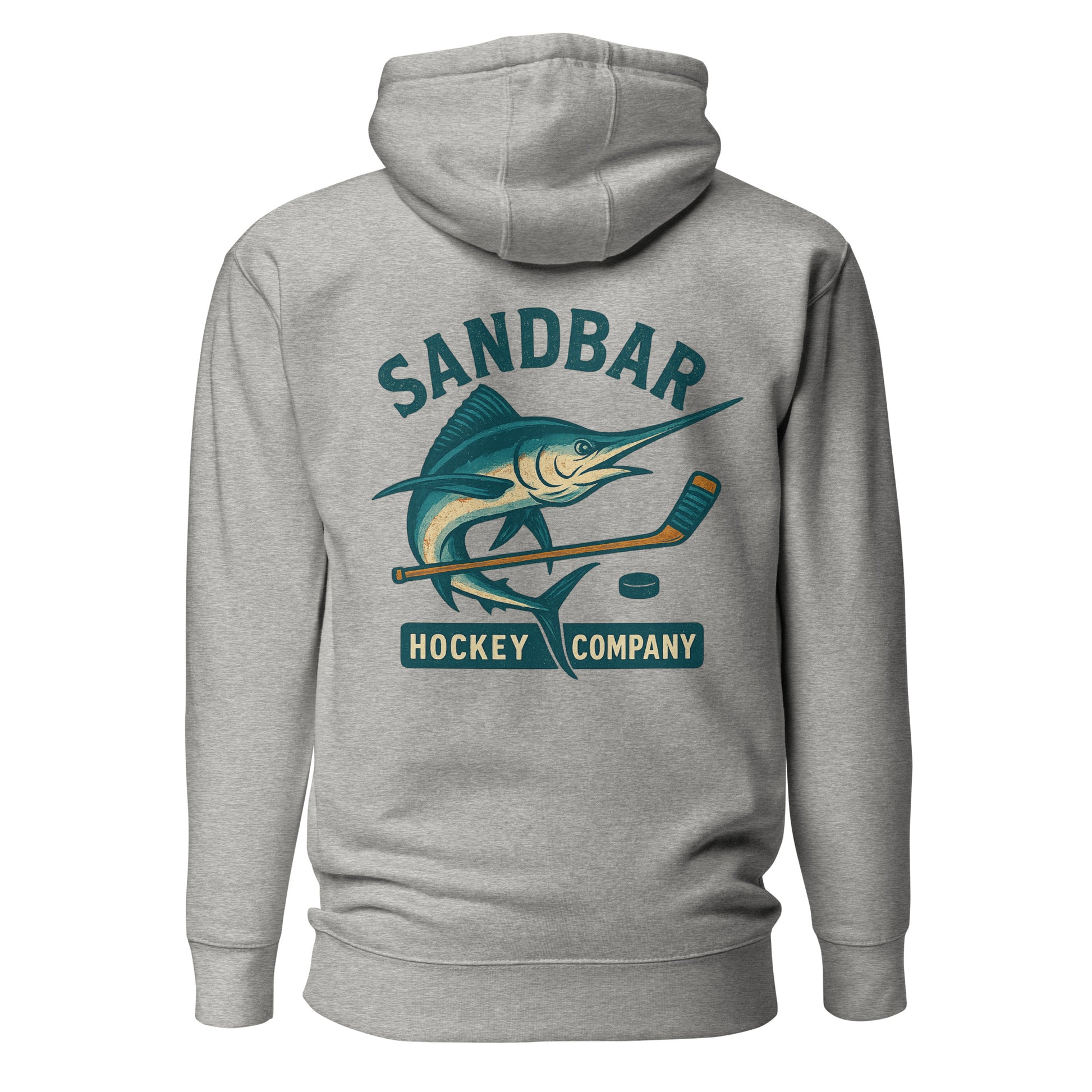 Carbon Grey hockey hoodie back side with large marlin, hockey stick, and puck graphic with Sandbar Hockey Company text