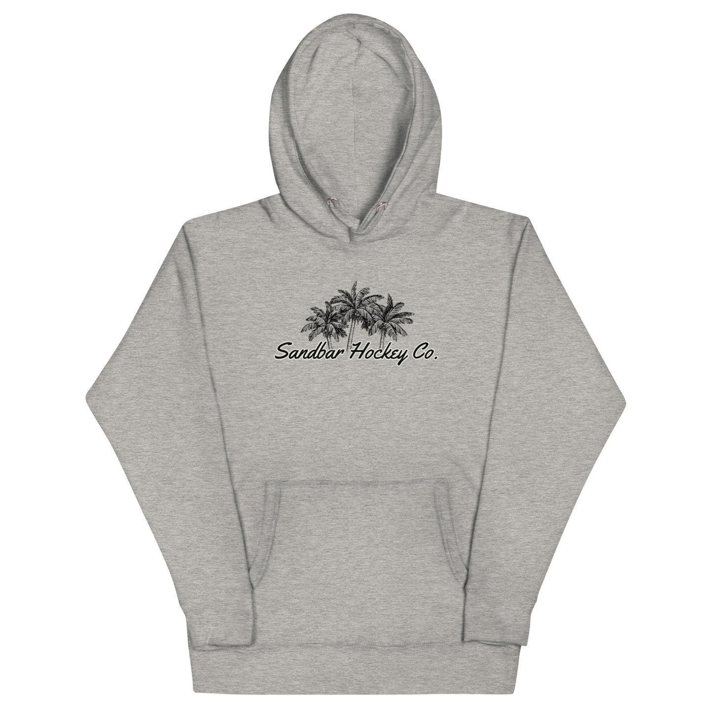 Grey hockey hoodie front side with black palm tree Sandbar Hockey Co. chest logo