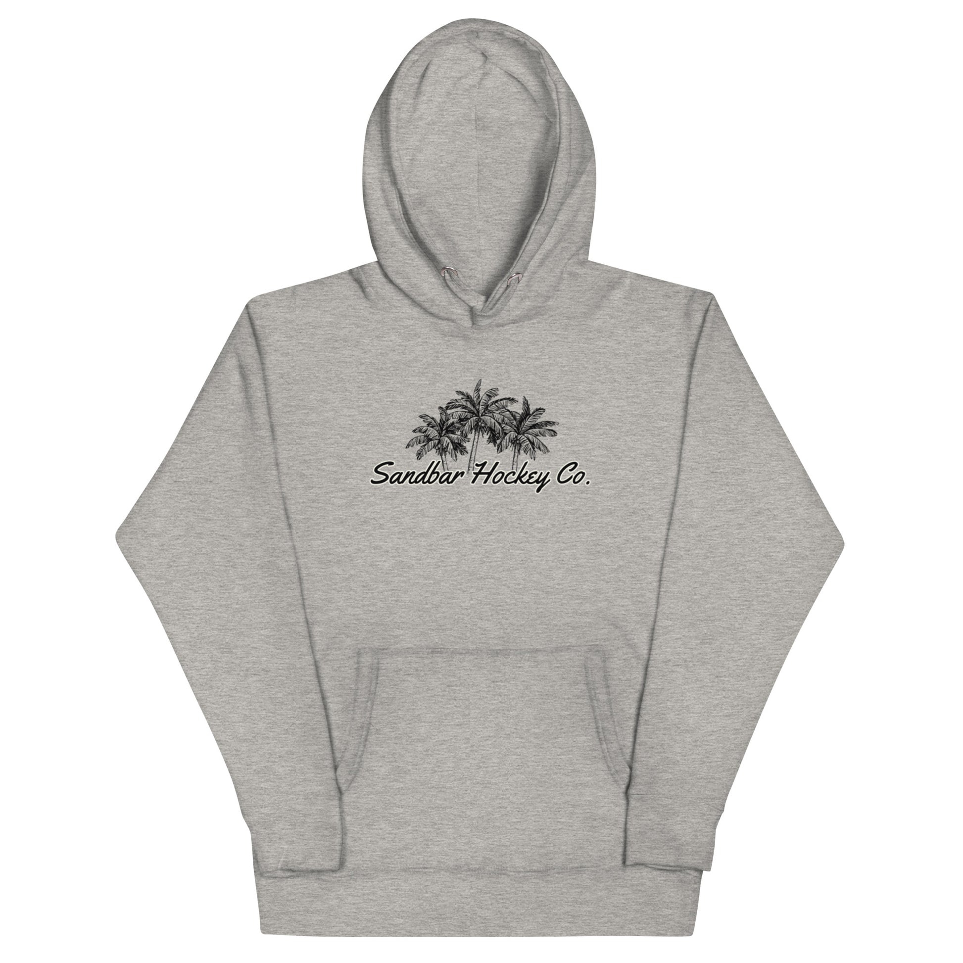 Grey hockey hoodie front side with black palm tree Sandbar Hockey Co. chest logo