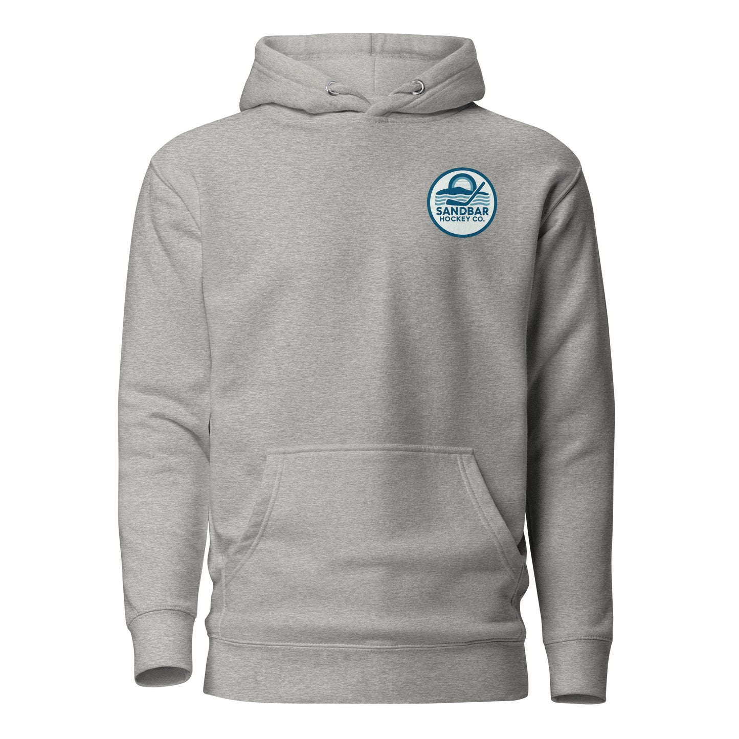 Carbon grey hockey hoodie front side with small circular Sandbar Hockey Co. chest logo featuring sunset, water, and hockey stick