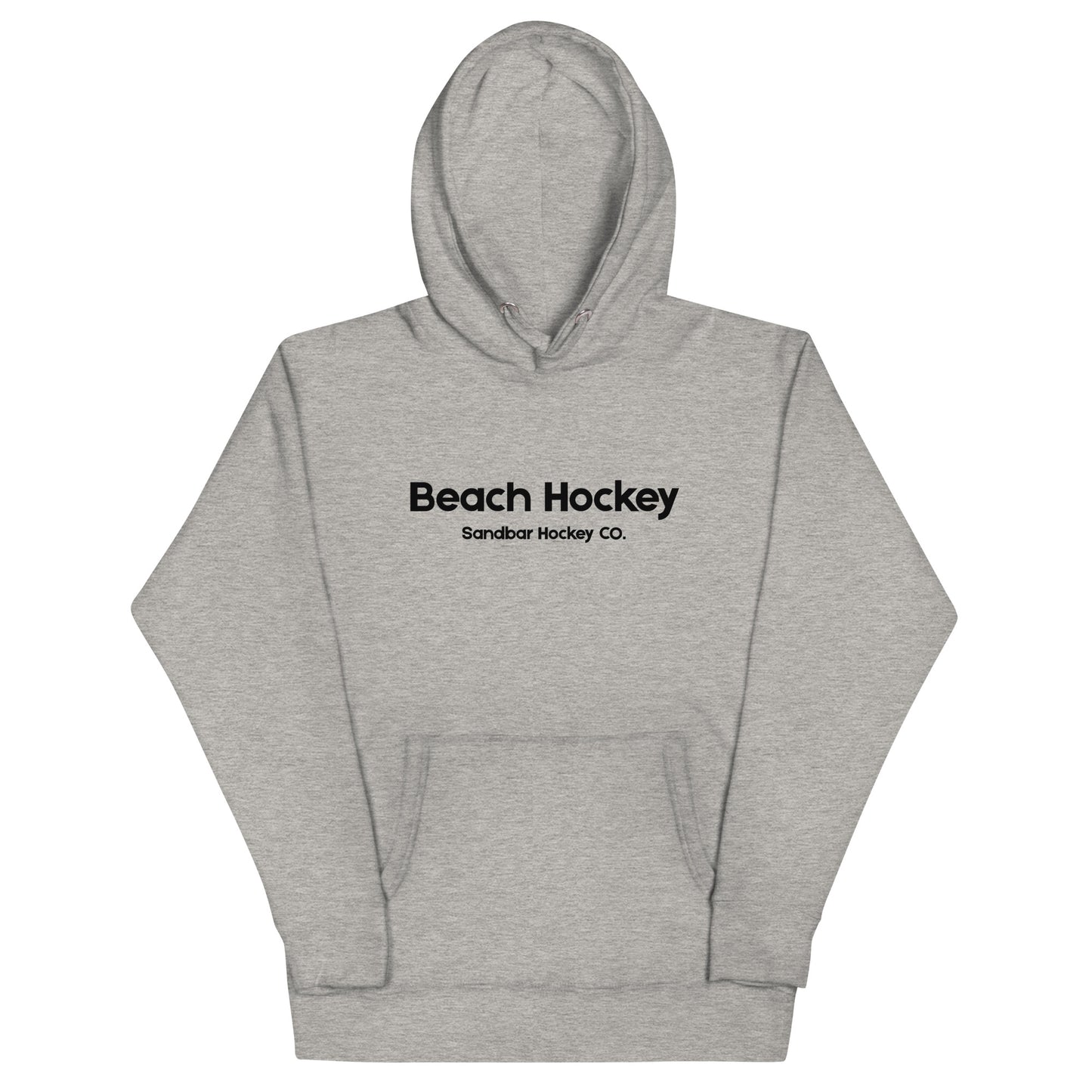 Gray beach hockey hoodie front view with Beach Hockey Sandbar Hockey Co. text on the chest.