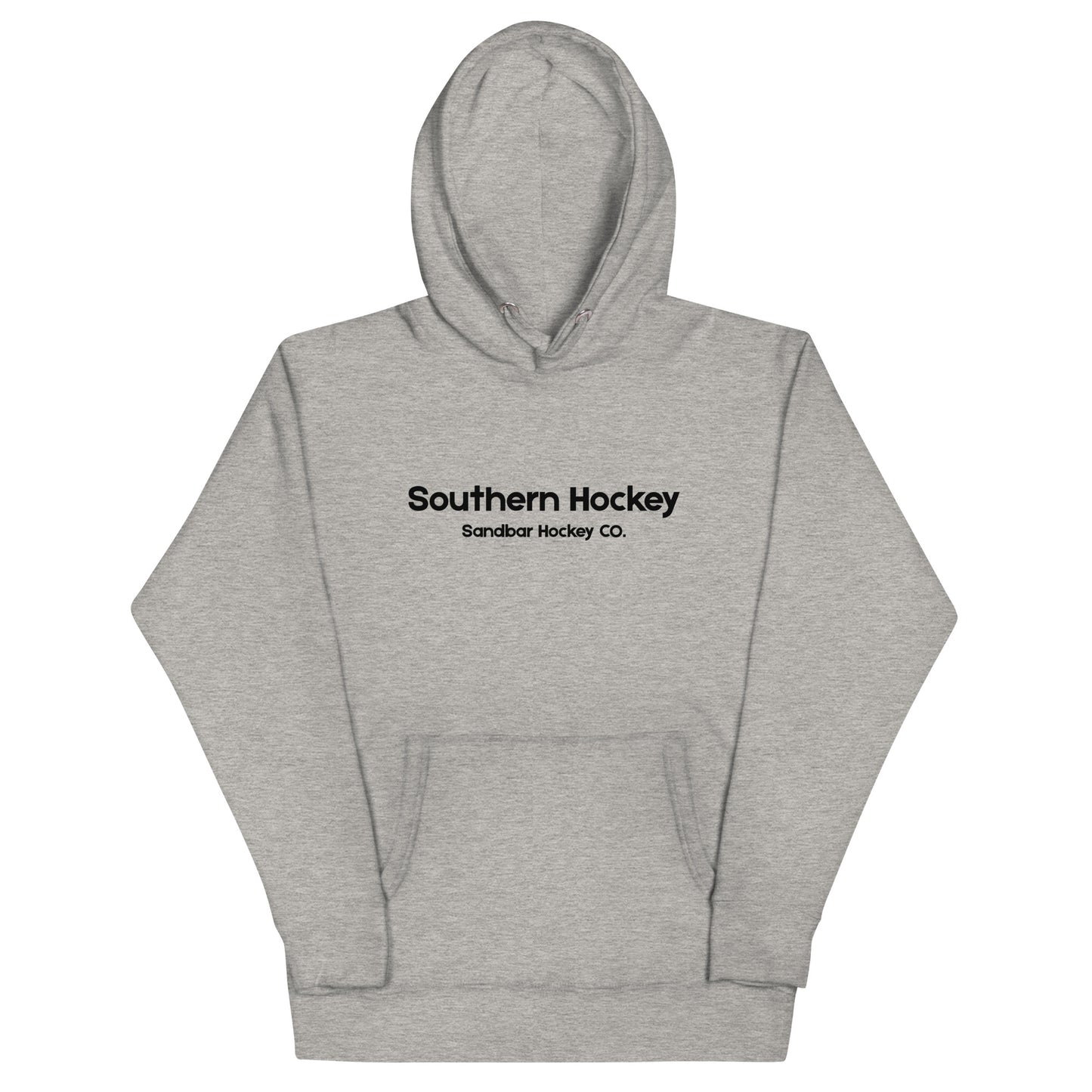 Gray southern hockey hoodie front view with Southern Hockey Sandbar Hockey Co. text on the chest.
