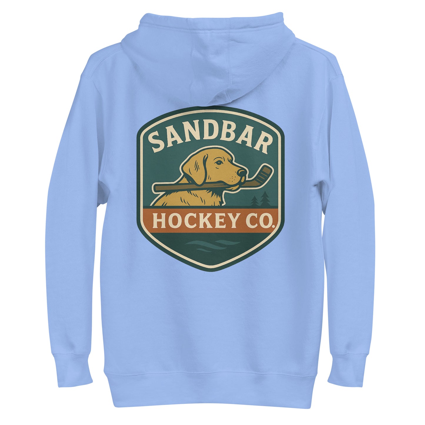 Carolina blue hockey dog hoodie with a large Sandbar Hockey Co. dog shield graphic on the back