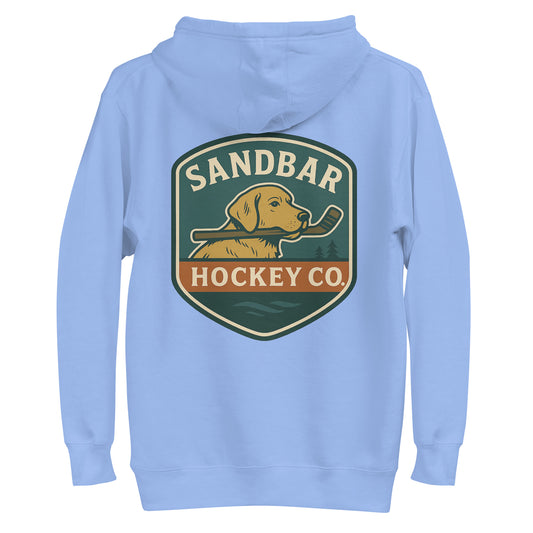 Carolina blue hockey dog hoodie with a large Sandbar Hockey Co. dog shield graphic on the back