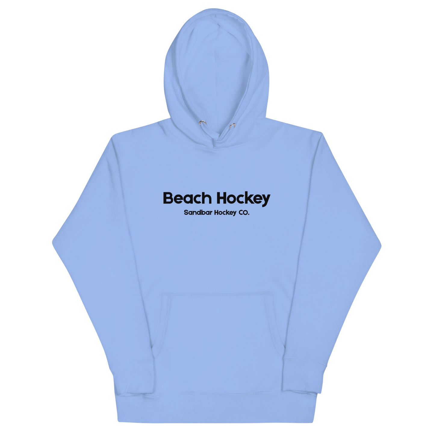 Carolina blue beach hockey hoodie front view with Beach Hockey Sandbar Hockey Co. text on the chest.