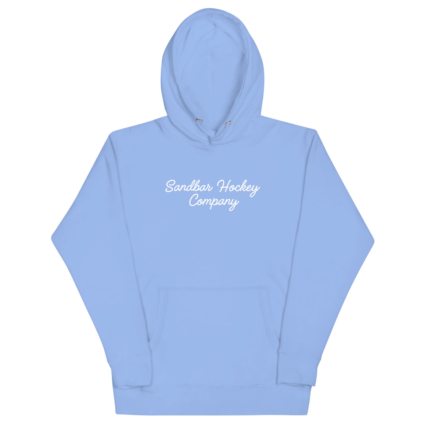 Light blue hockey dad hoodie front view with Sandbar Hockey Company script on the chest.