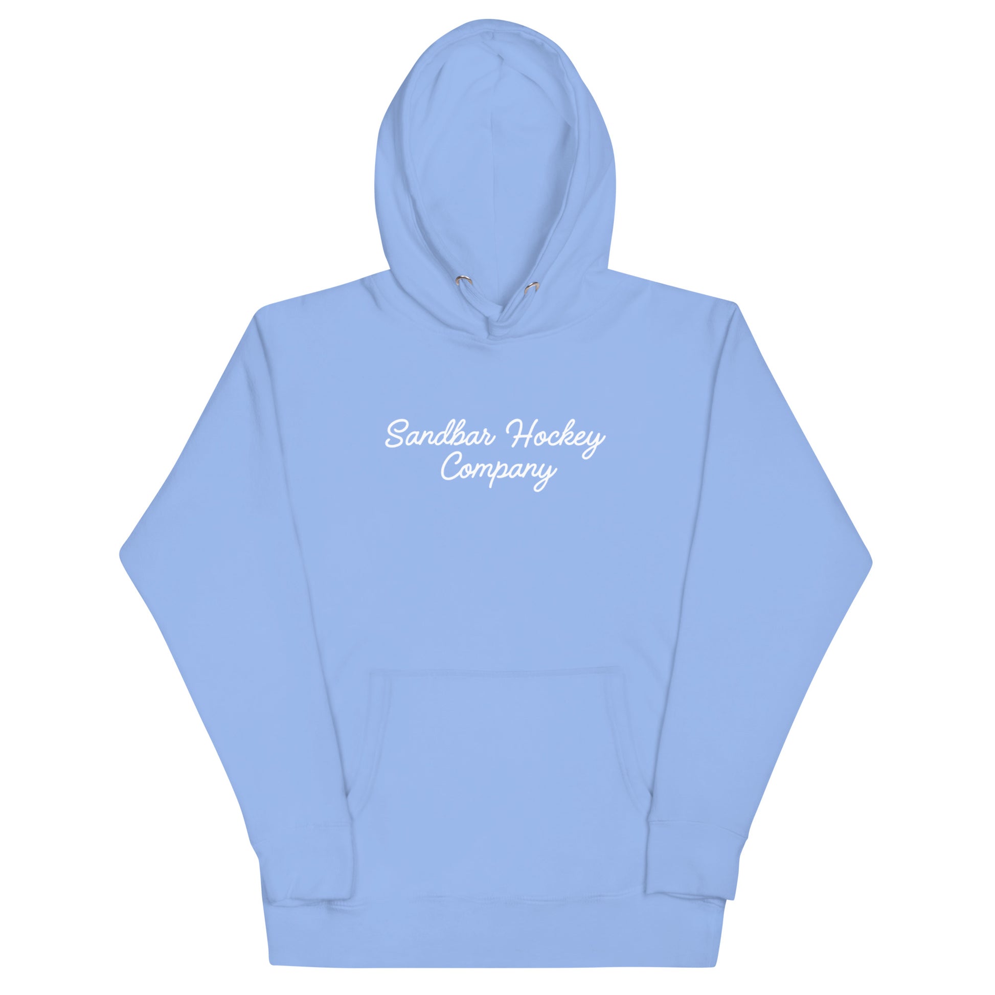 Light blue hockey dad hoodie front view with Sandbar Hockey Company script on the chest.