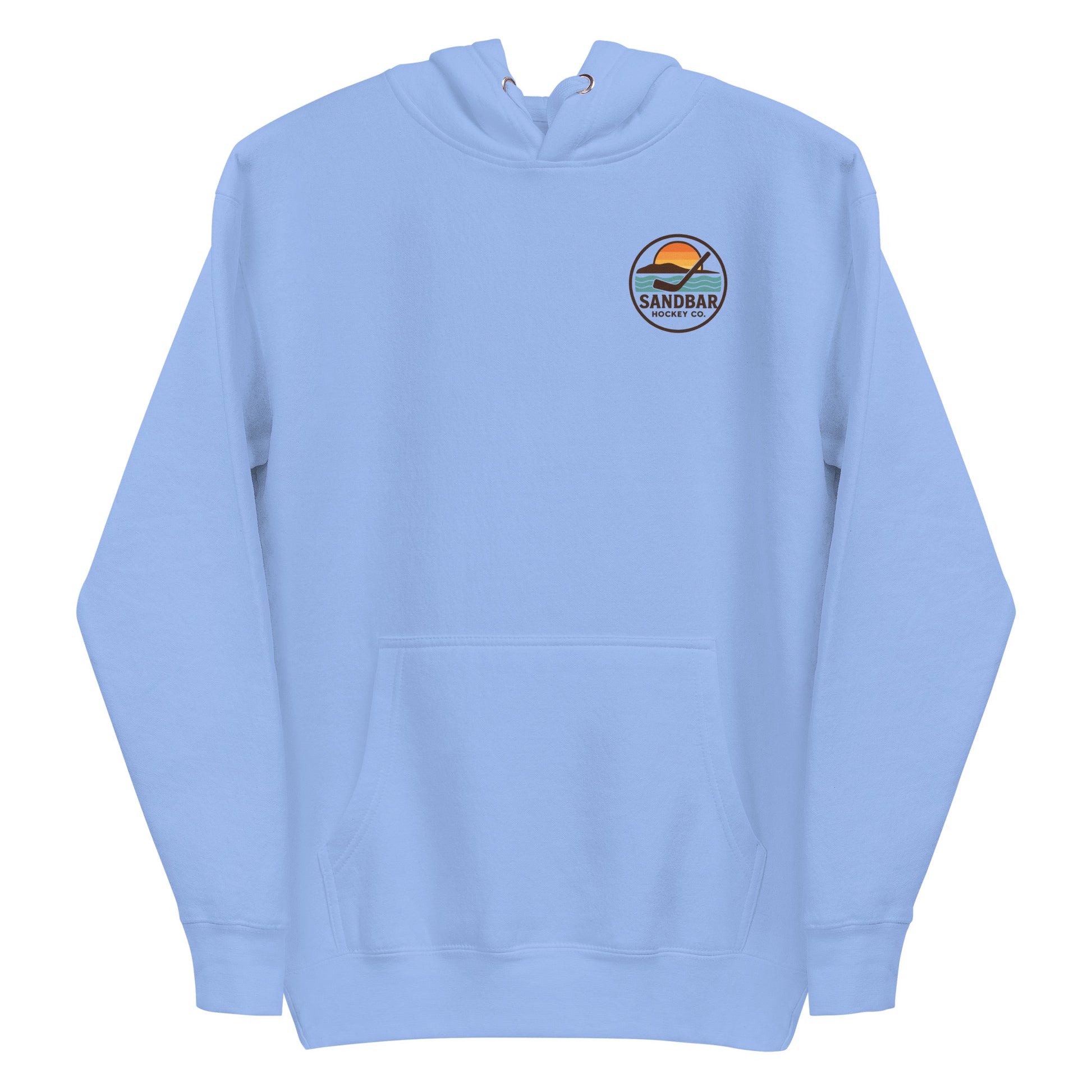 Carolina blue hockey dog hoodie with a small round Sandbar Hockey Co. sunset logo on the front left chest