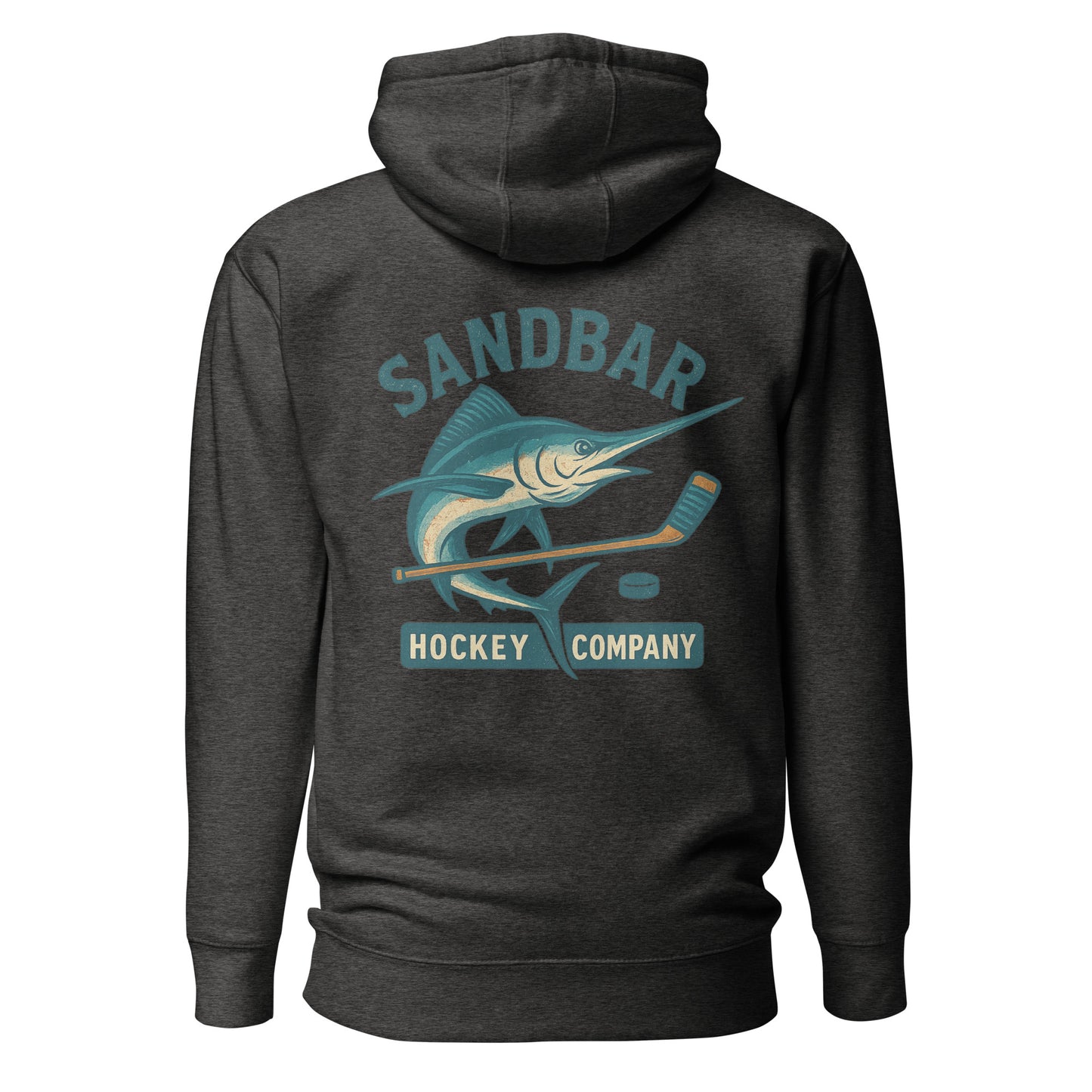 Black hockey hoodie back side with large marlin, hockey stick, and puck graphic with Sandbar Hockey Company text
