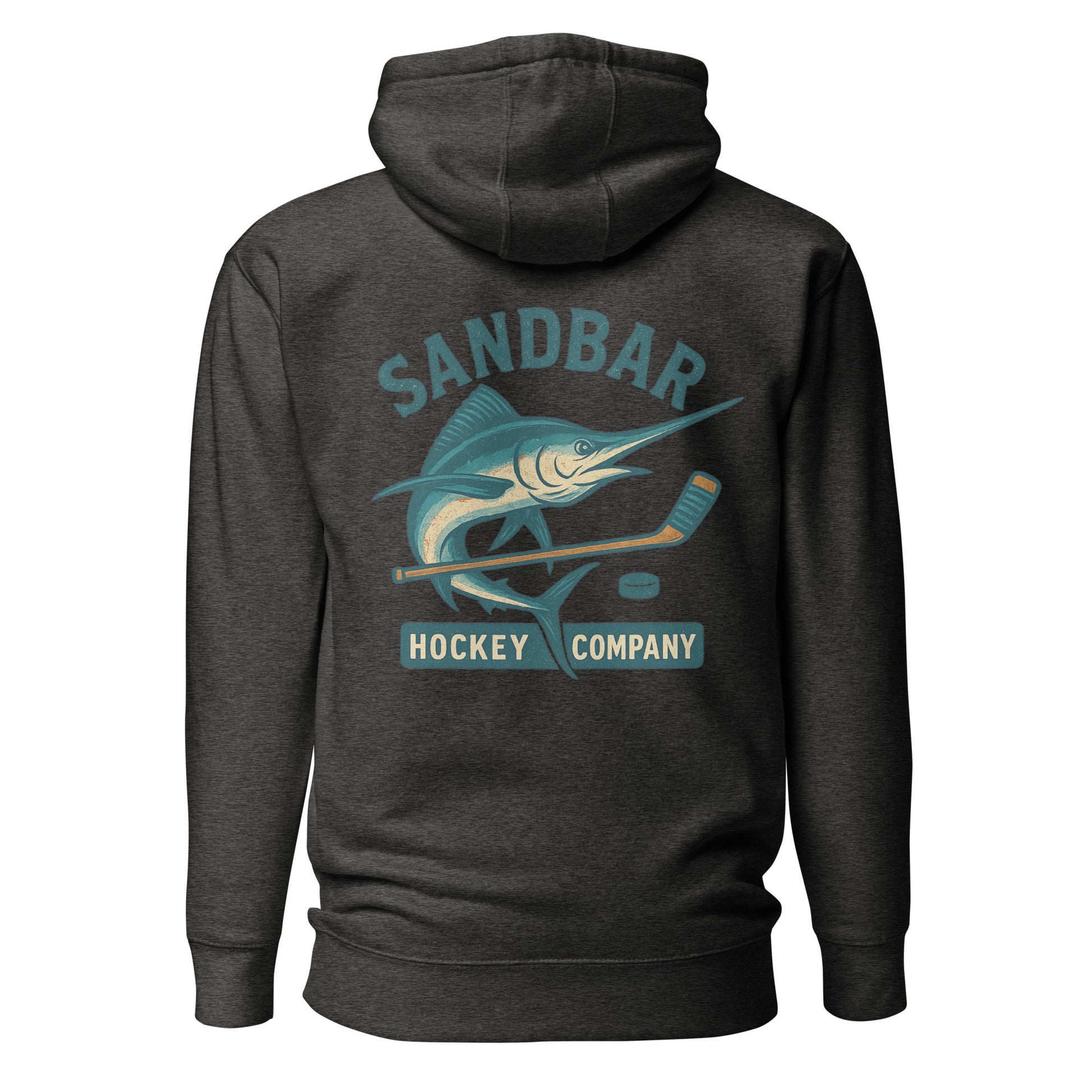 Black hockey hoodie back side with large marlin, hockey stick, and puck graphic with Sandbar Hockey Company text