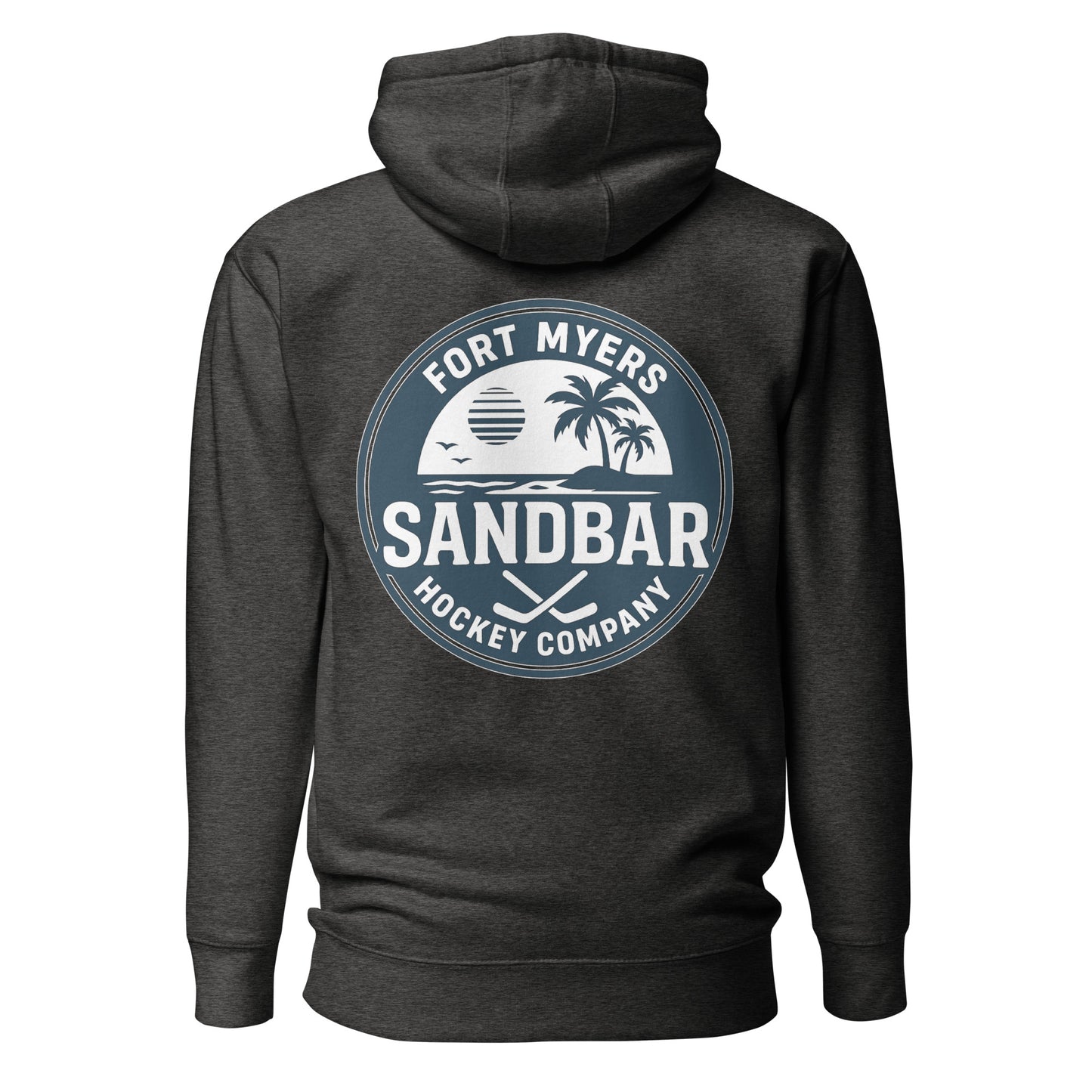Dark charcoal Fort Myers Sandbar Hockey hoodie back view with large circular Fort Myers Sandbar Hockey Company graphic featuring palm trees, water, sunset, birds, and crossed hockey sticks