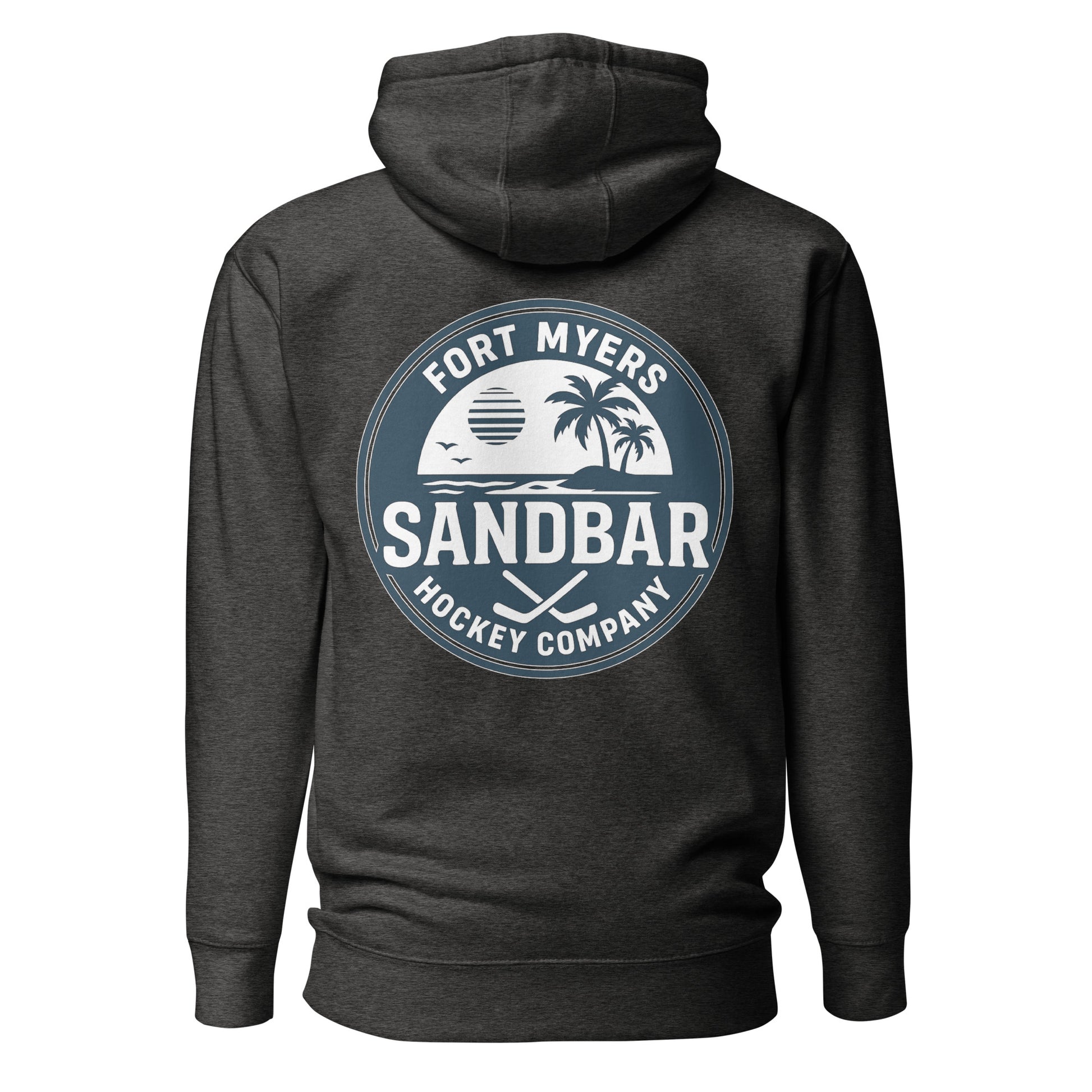 Dark charcoal Fort Myers Sandbar Hockey hoodie back view with large circular Fort Myers Sandbar Hockey Company graphic featuring palm trees, water, sunset, birds, and crossed hockey sticks