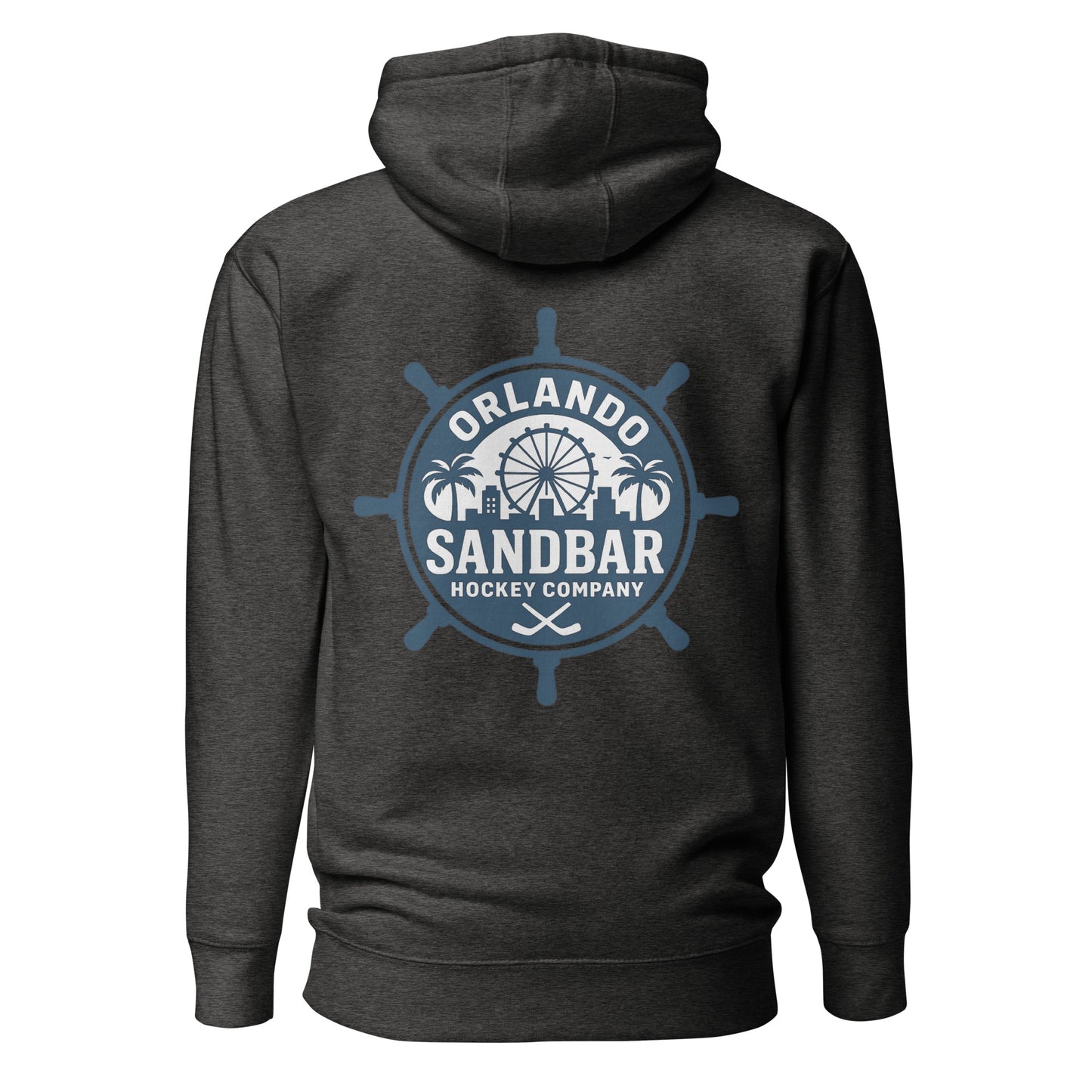 Charcoal Orlando Sandbar Hockey hoodie back view with large circular ship wheel Orlando Sandbar Hockey Company graphic