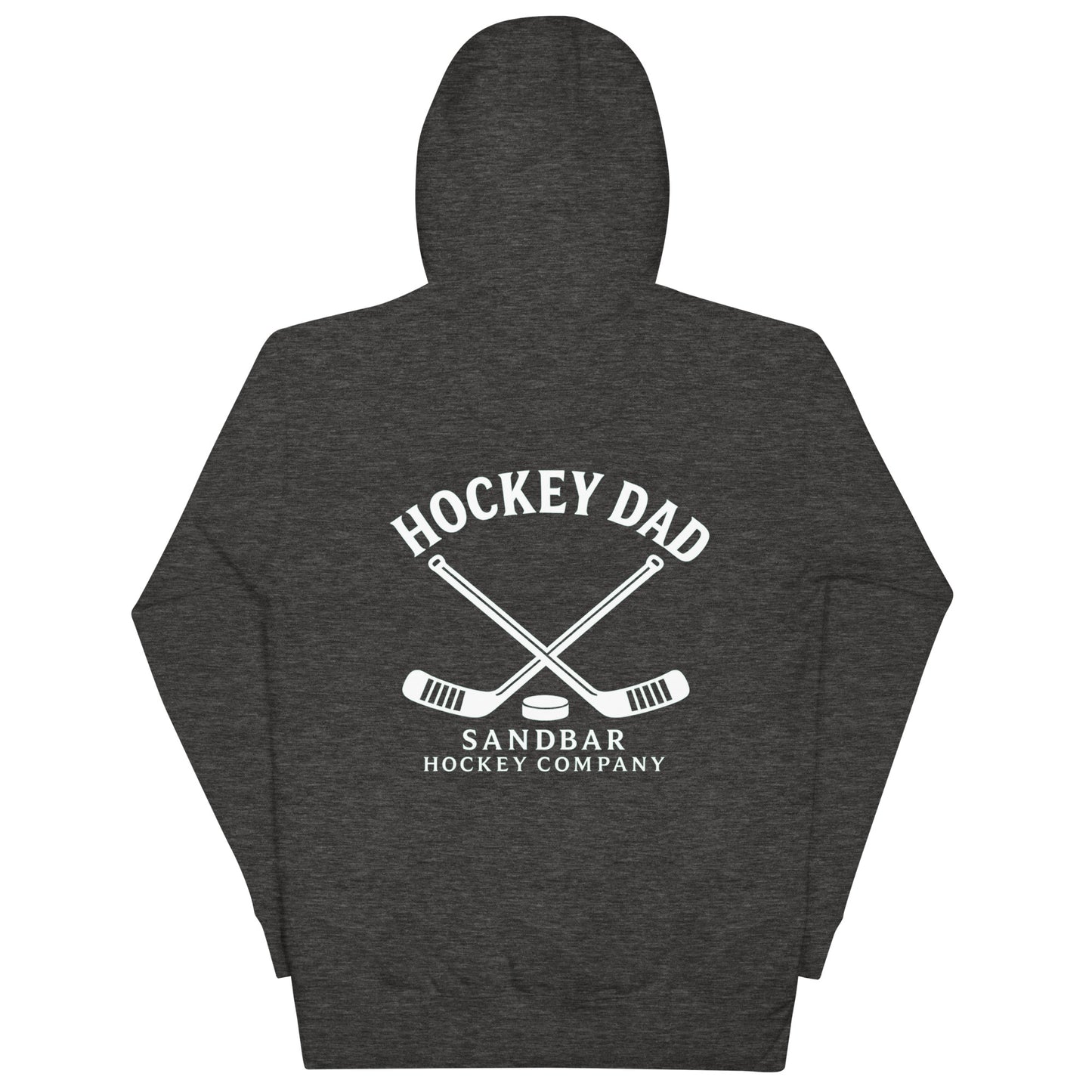 Charcoal hockey dad hoodie back view with Hockey Dad Sandbar Hockey Company graphic, crossed hockey sticks, and puck.