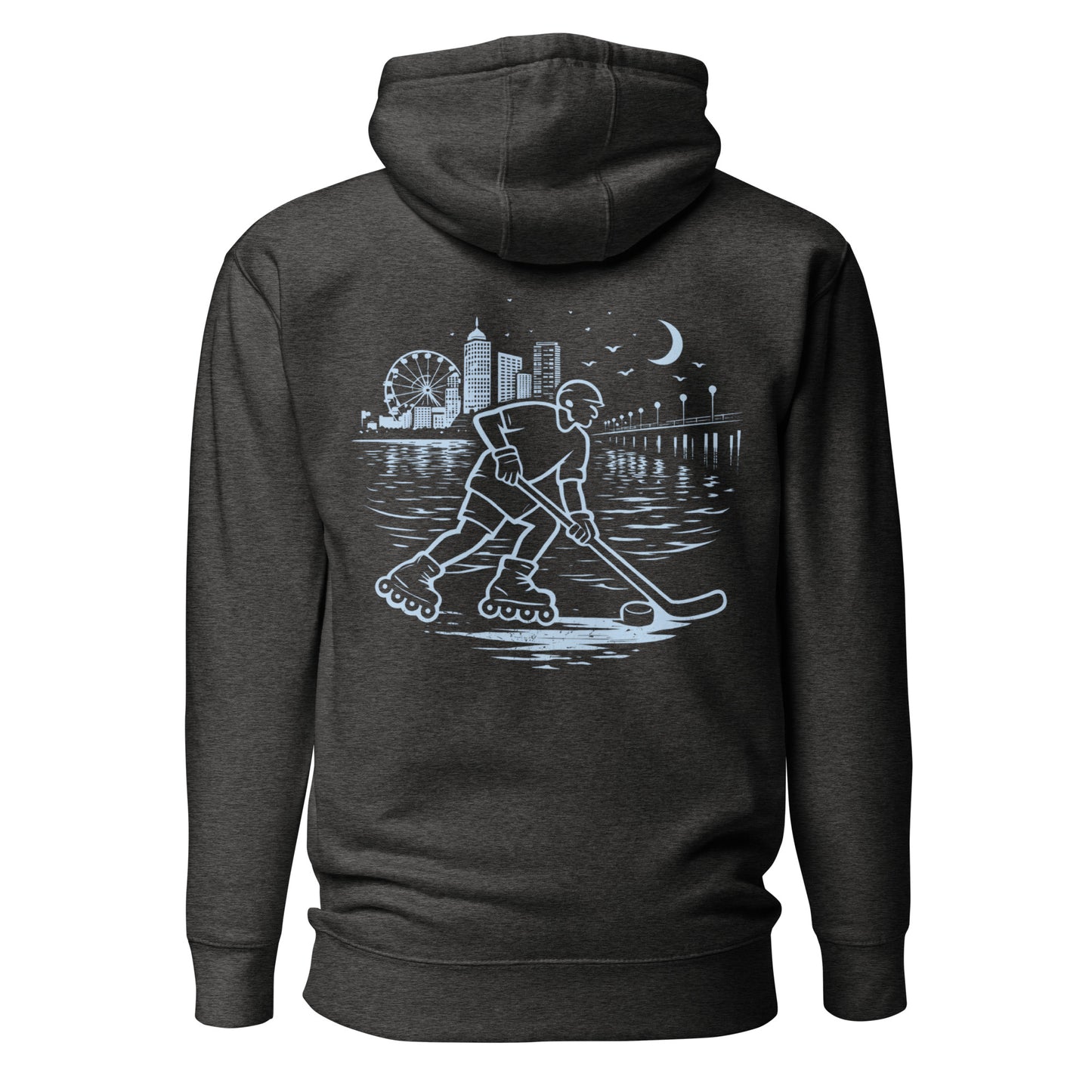 Charcoal roller hockey hoodie back view with baby blue waterfront roller hockey graphic featuring a skater, city skyline, ferris wheel, pier, moon, and water reflections.