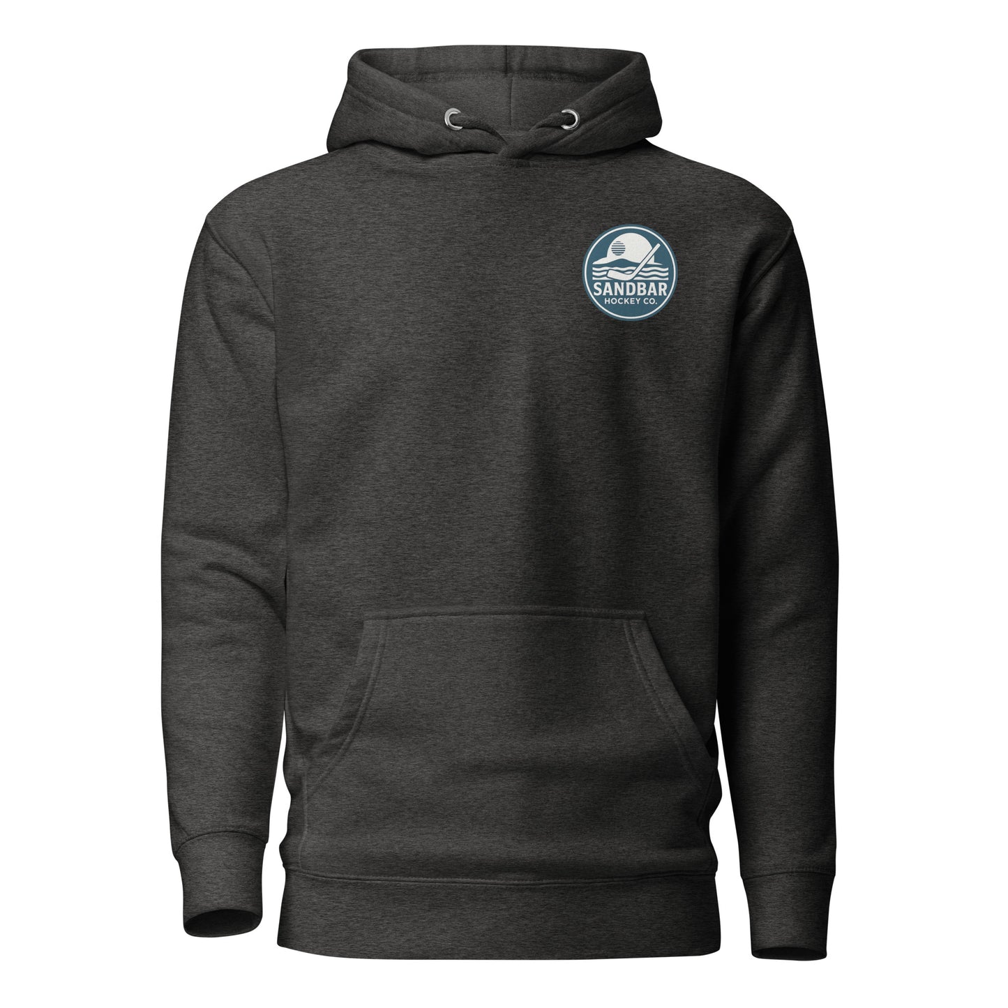Dark charcoal Fort Myers Sandbar Hockey hoodie front view with small circular Sandbar Hockey Co. chest logo showing waves, sunset, and a hockey stick