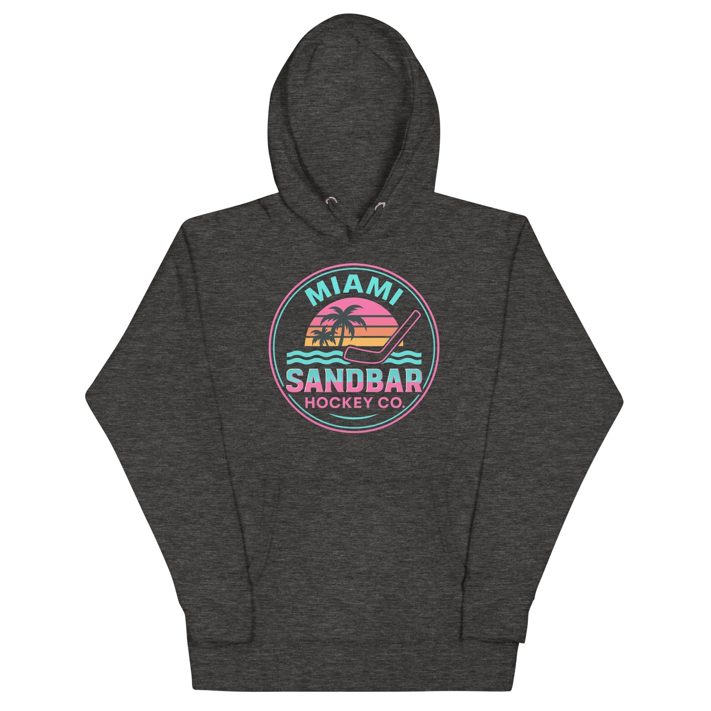 Charcoal Miami Sandbar Hockey hoodie front view with circular neon-style Miami Sandbar Hockey Co. graphic featuring palm trees, sunset stripes, water, and a hockey stick