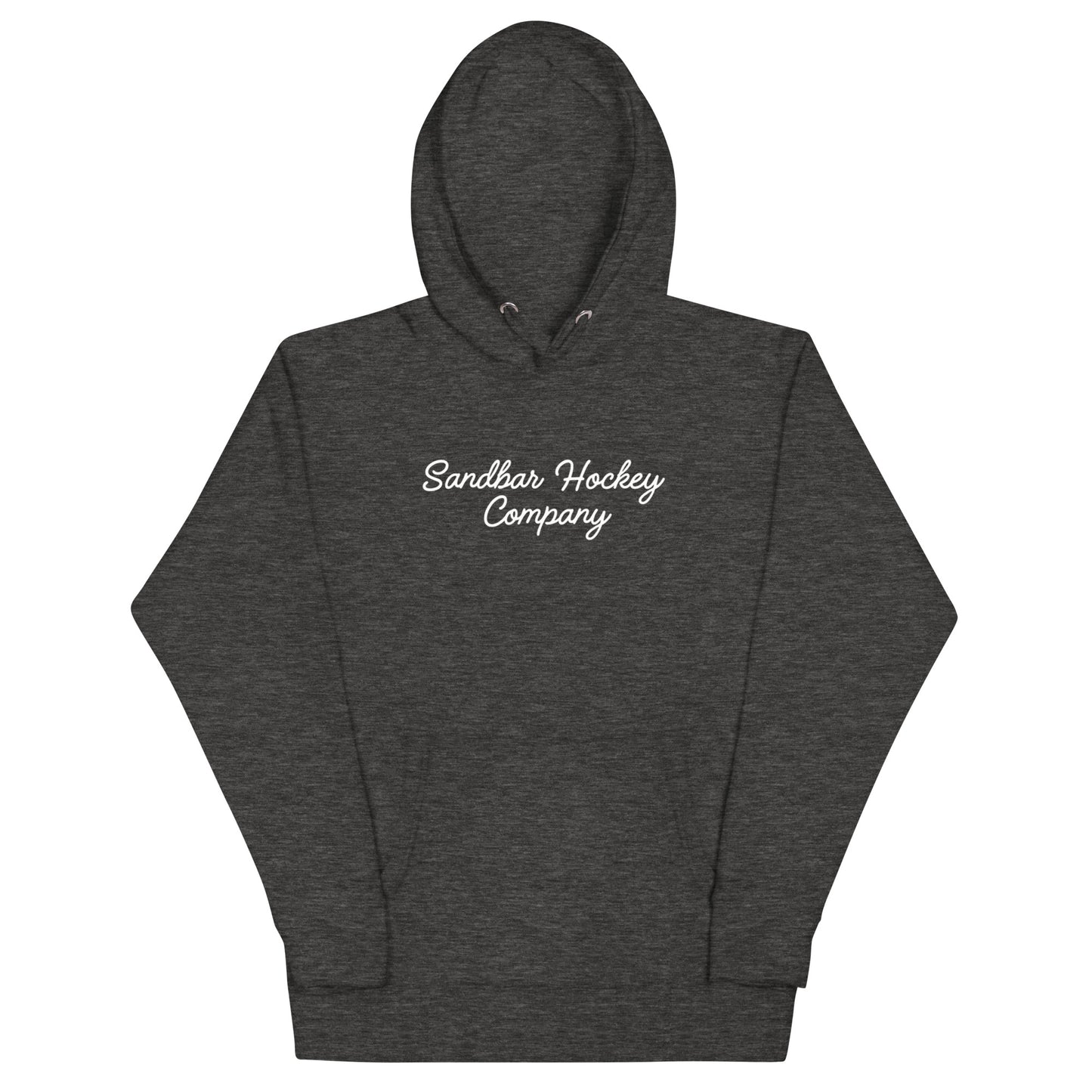 Charcoal hockey dad hoodie front view with Sandbar Hockey Company script on the chest.