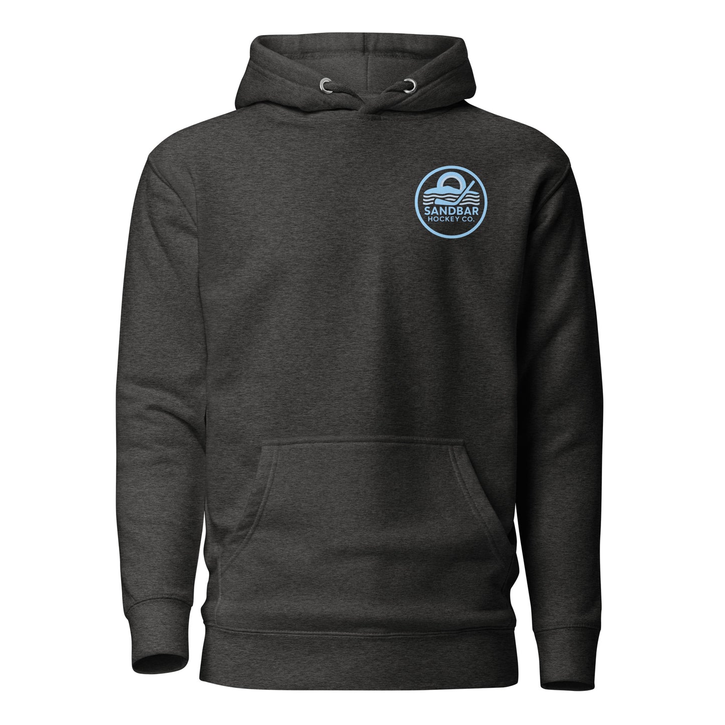 Charcoal roller hockey hoodie front view with blue Sandbar Hockey Co. chest logo.