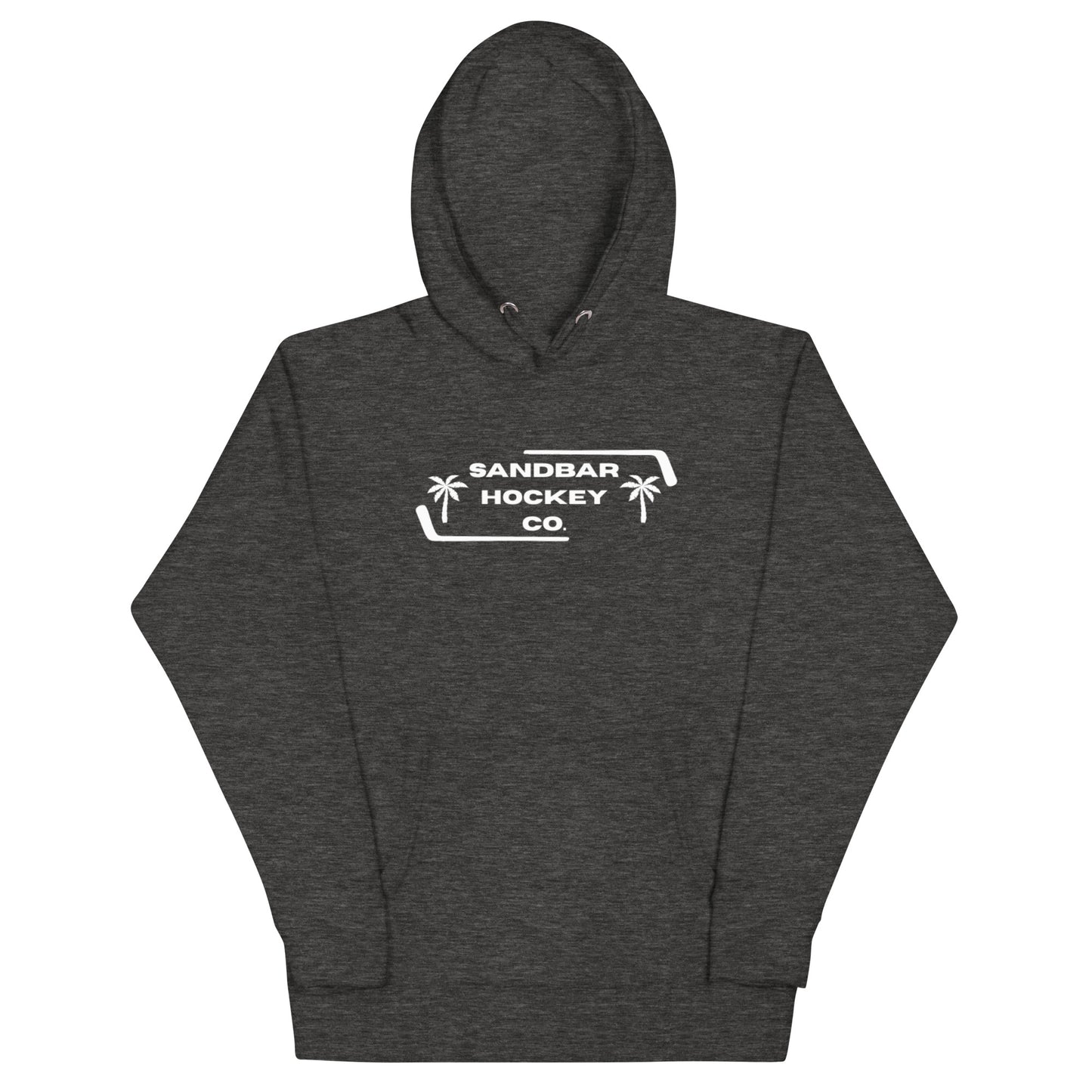 Dark gray Palm Frame Hoodie with white Sandbar Hockey Co. palm frame front logo