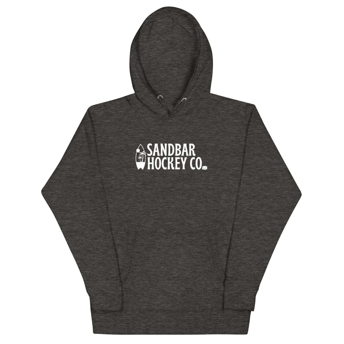 Charcoal Surfside Hockey Hoodie with white Sandbar Hockey Co. surfboard front logo
