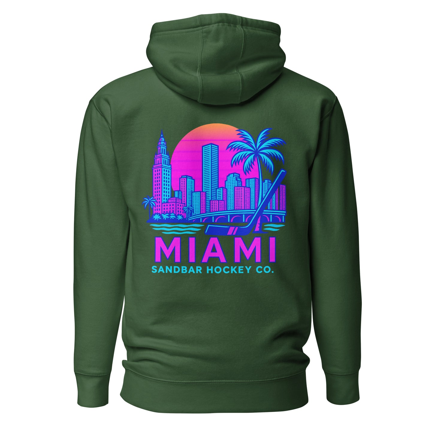 Green Miami Sandbar Hockey hoodie back view with large neon Miami skyline graphic, palm trees, hockey stick, and Miami Sandbar Hockey Co. text