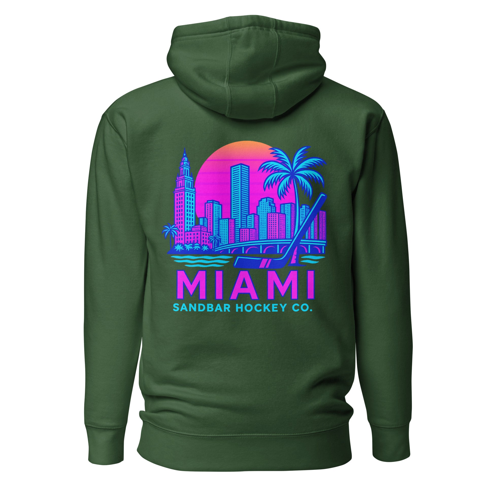 Green Miami Sandbar Hockey hoodie back view with large neon Miami skyline graphic, palm trees, hockey stick, and Miami Sandbar Hockey Co. text