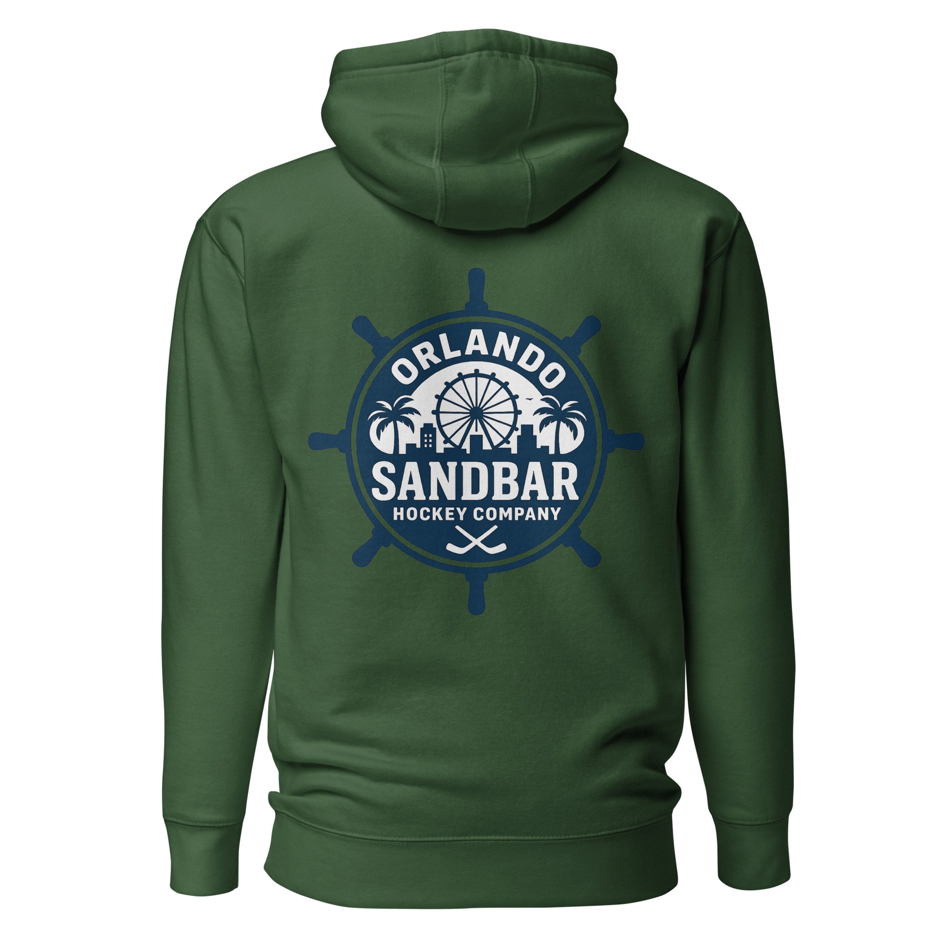 Forest green Orlando Sandbar Hockey hoodie back view with large circular ship wheel Orlando Sandbar Hockey Company graphic