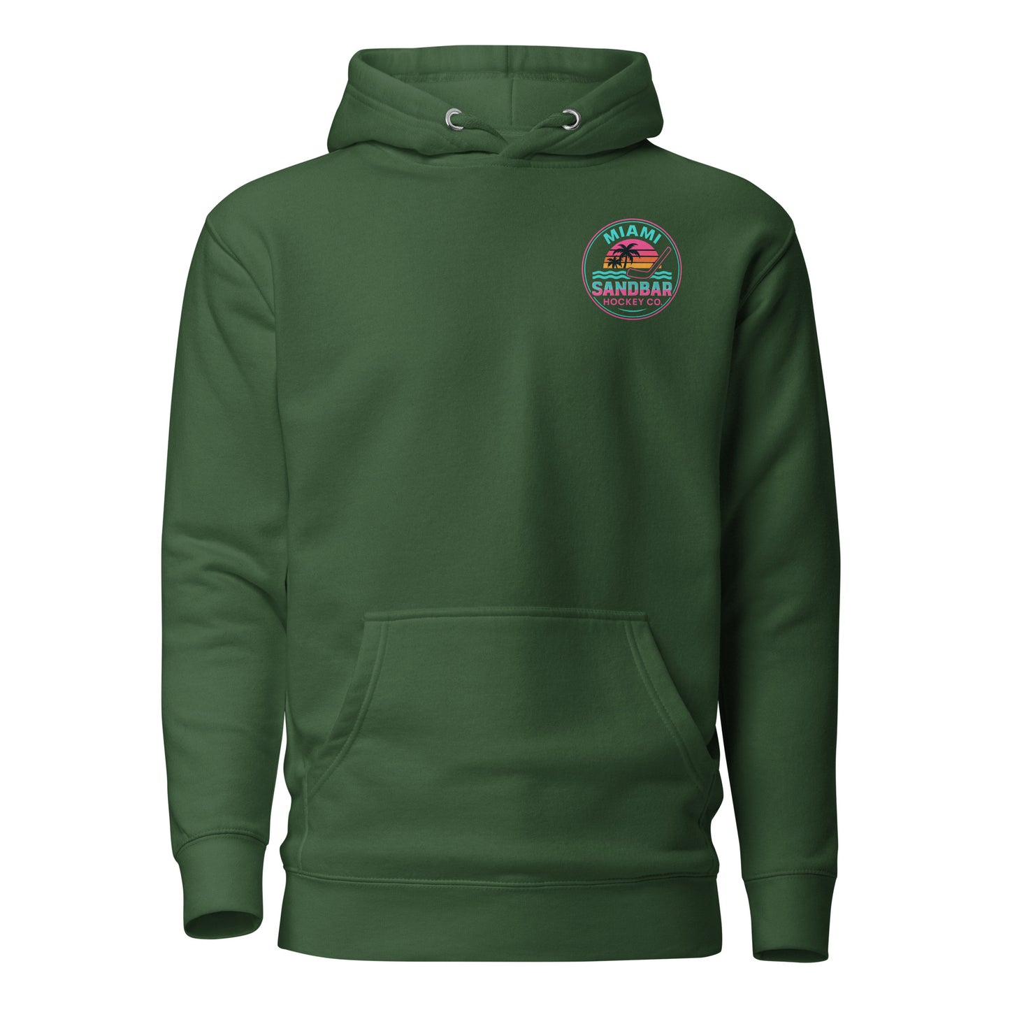 Green Miami Sandbar Hockey hoodie front view with small circular Miami beach sunset logo on left chest