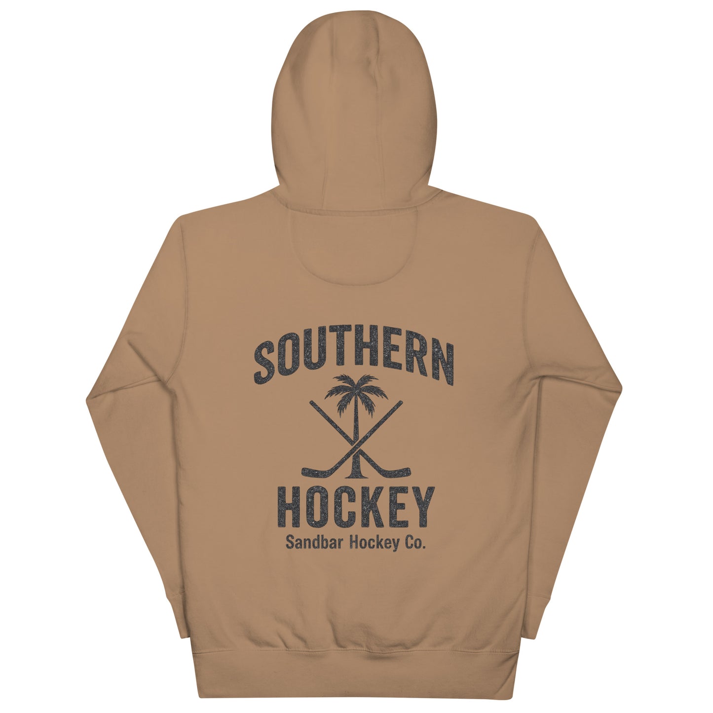 Latte Brown  hockey hoodie back side with Southern Hockey palm tree and crossed sticks graphic