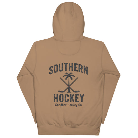 Latte Brown  hockey hoodie back side with Southern Hockey palm tree and crossed sticks graphic
