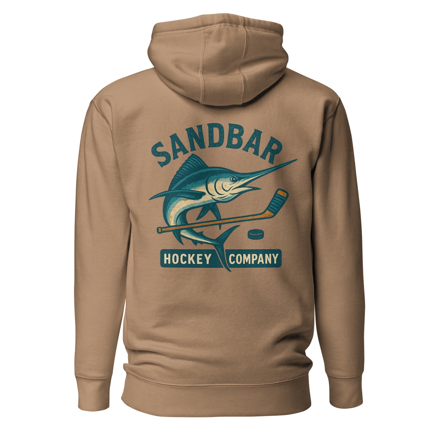 Brown hockey hoodie back side with large marlin, hockey stick, and puck graphic with Sandbar Hockey Company text