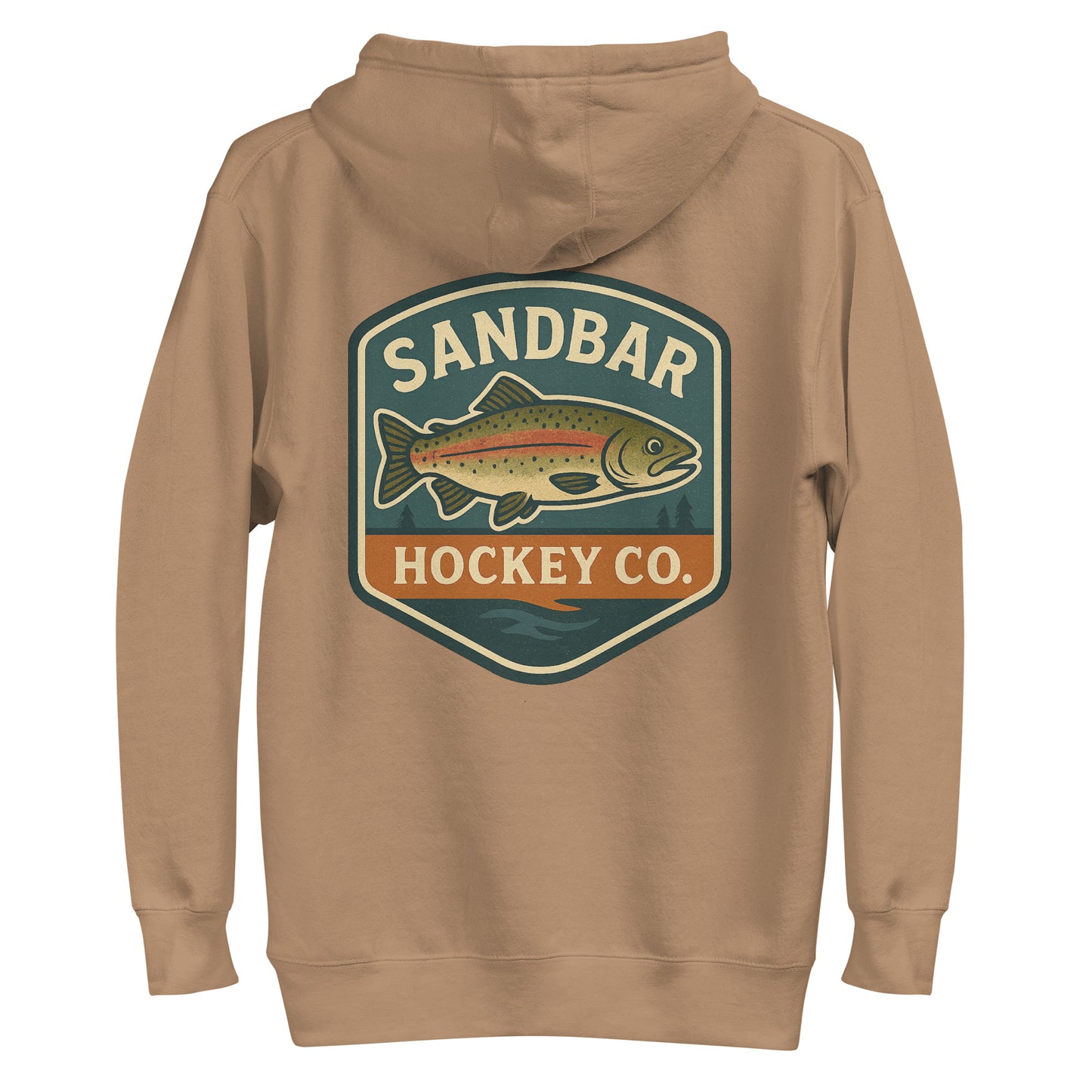Brown hockey hoodie back side with large Sandbar Hockey Co. trout badge graphic