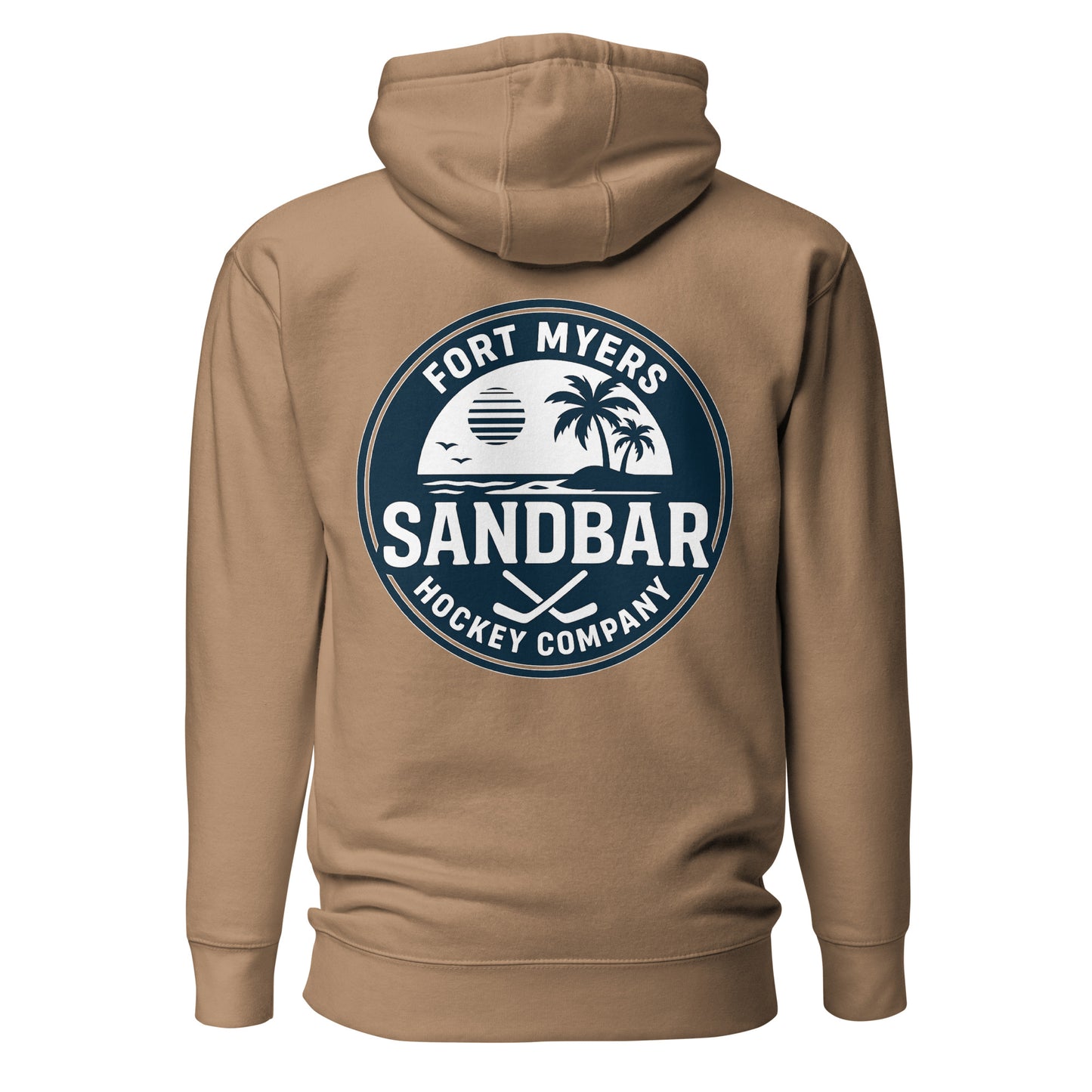 Brown Fort Myers Sandbar Hockey hoodie back view with large circular Fort Myers Sandbar Hockey Company graphic featuring palm trees, water, sunset, birds, and crossed hockey sticks