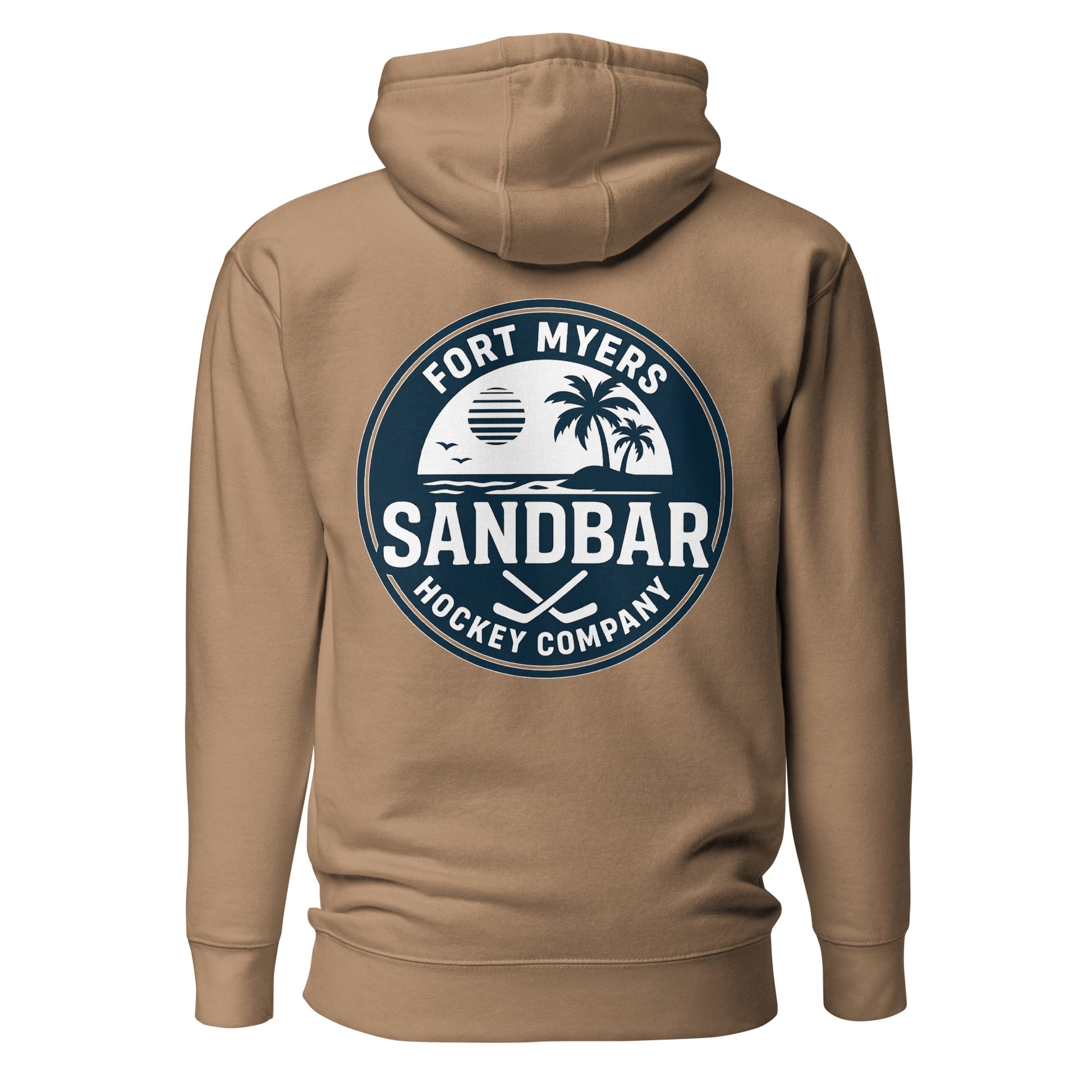 Brown Fort Myers Sandbar Hockey hoodie back view with large circular Fort Myers Sandbar Hockey Company graphic featuring palm trees, water, sunset, birds, and crossed hockey sticks