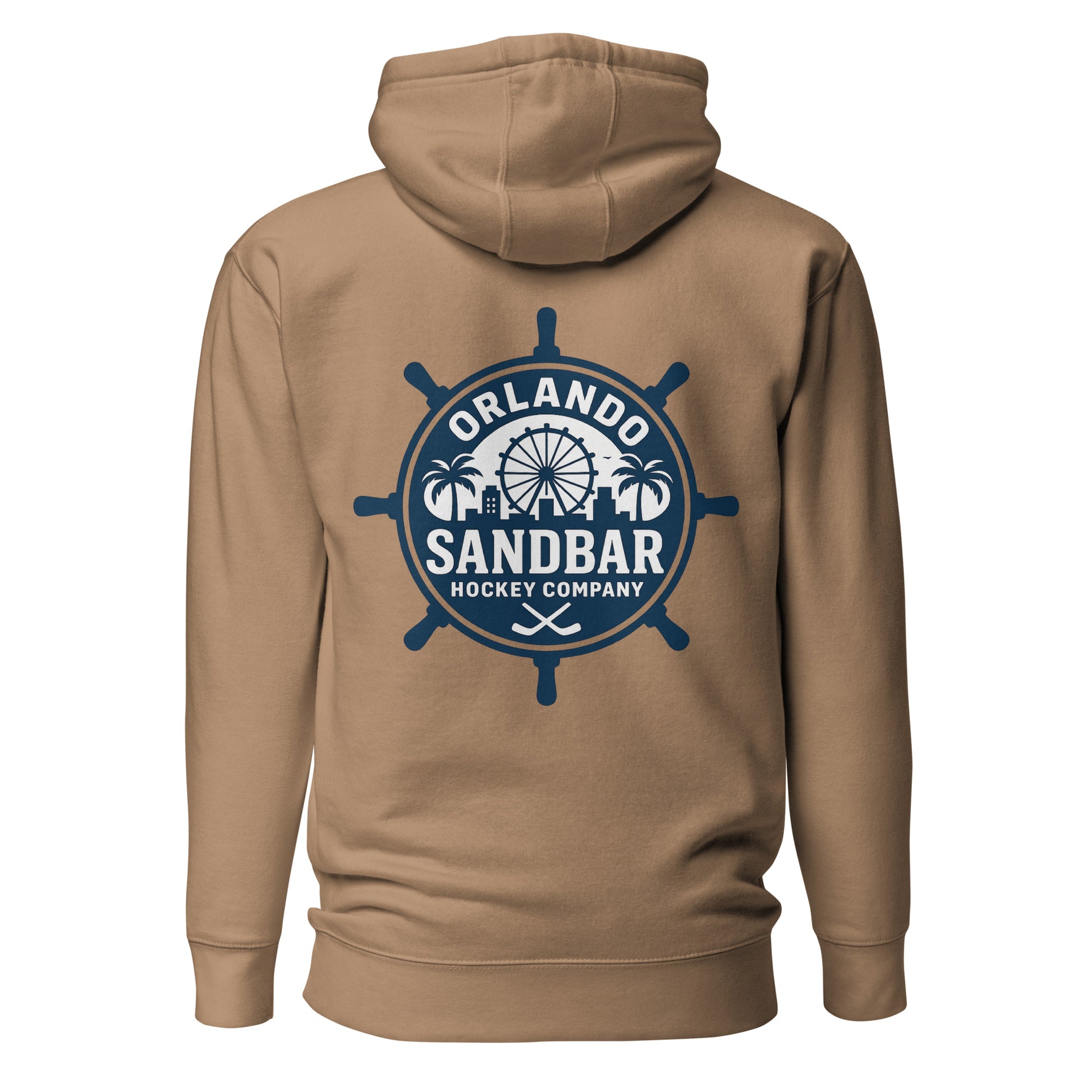 Brown Orlando Sandbar Hockey hoodie back view with large circular ship wheel Orlando Sandbar Hockey Company graphic