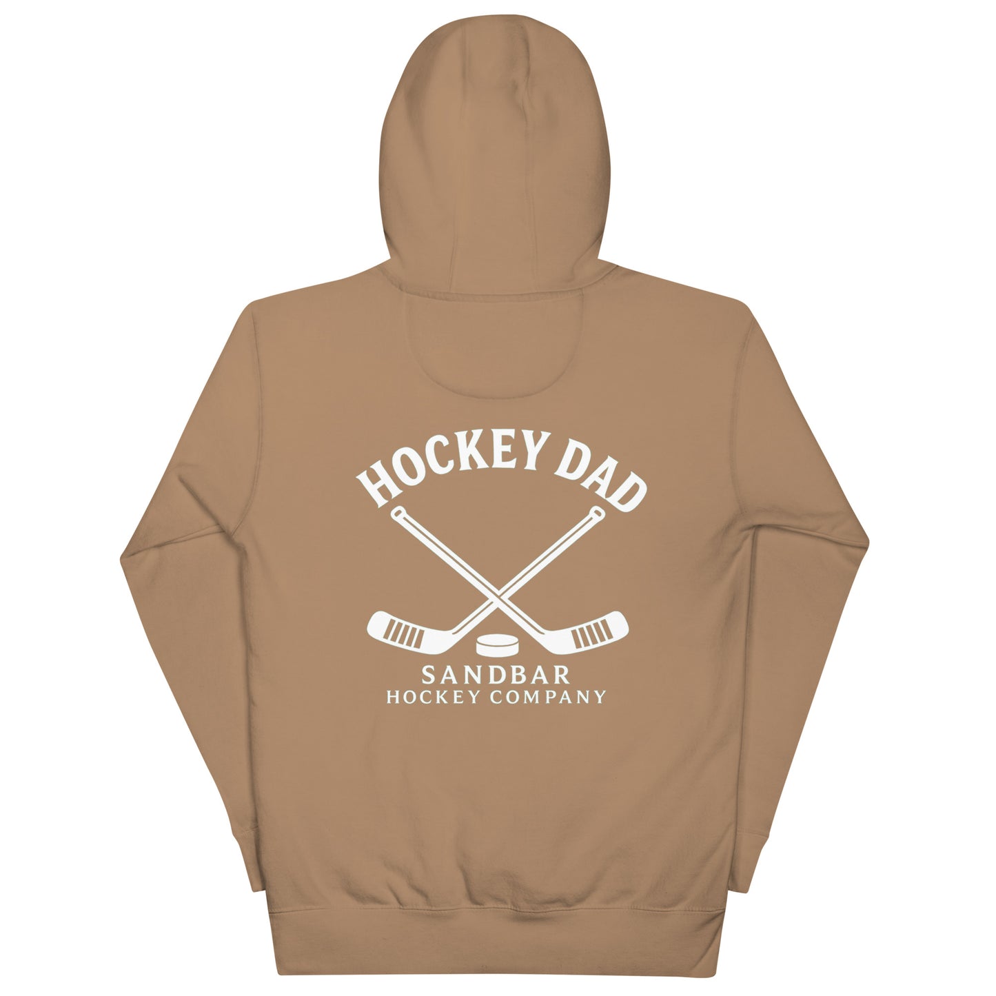 Latte Brown hockey dad hoodie back view with Hockey Dad Sandbar Hockey Company graphic, crossed hockey sticks, and puck.