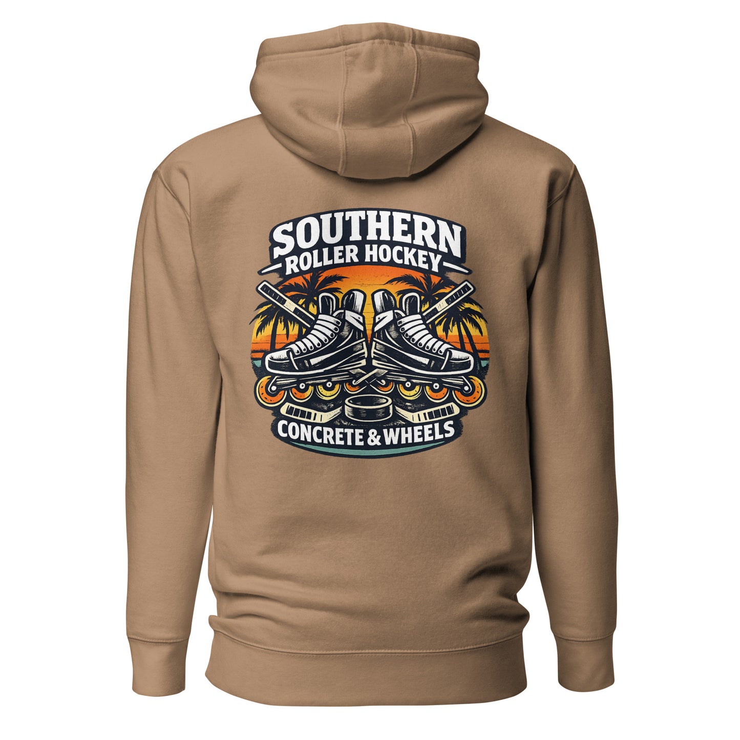 Latte Brown southern roller hockey hoodie back view with Southern Roller Hockey Concrete & Wheels graphic featuring inline skates, palm trees, sticks, and puck.