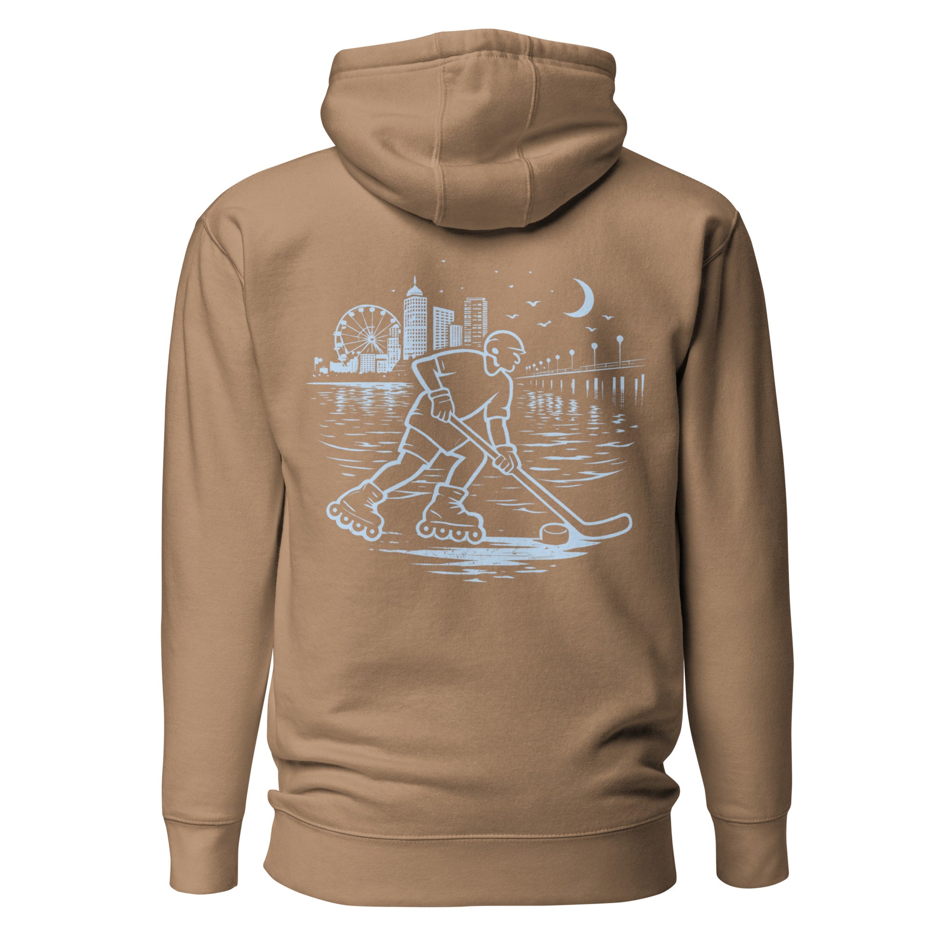 Brown Savana roller hockey hoodie back view with baby blue waterfront roller hockey graphic featuring a skater, city skyline, ferris wheel, pier, moon, and water reflections.