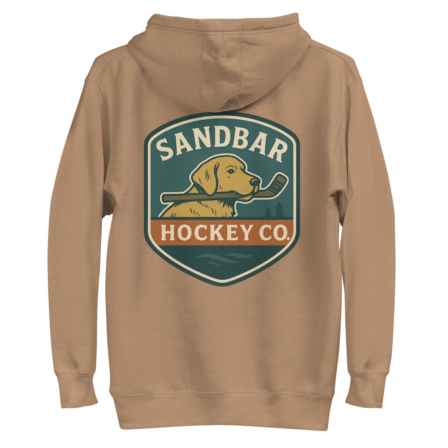 Brown hockey dog hoodie with a large Sandbar Hockey Co. dog shield graphic on the back