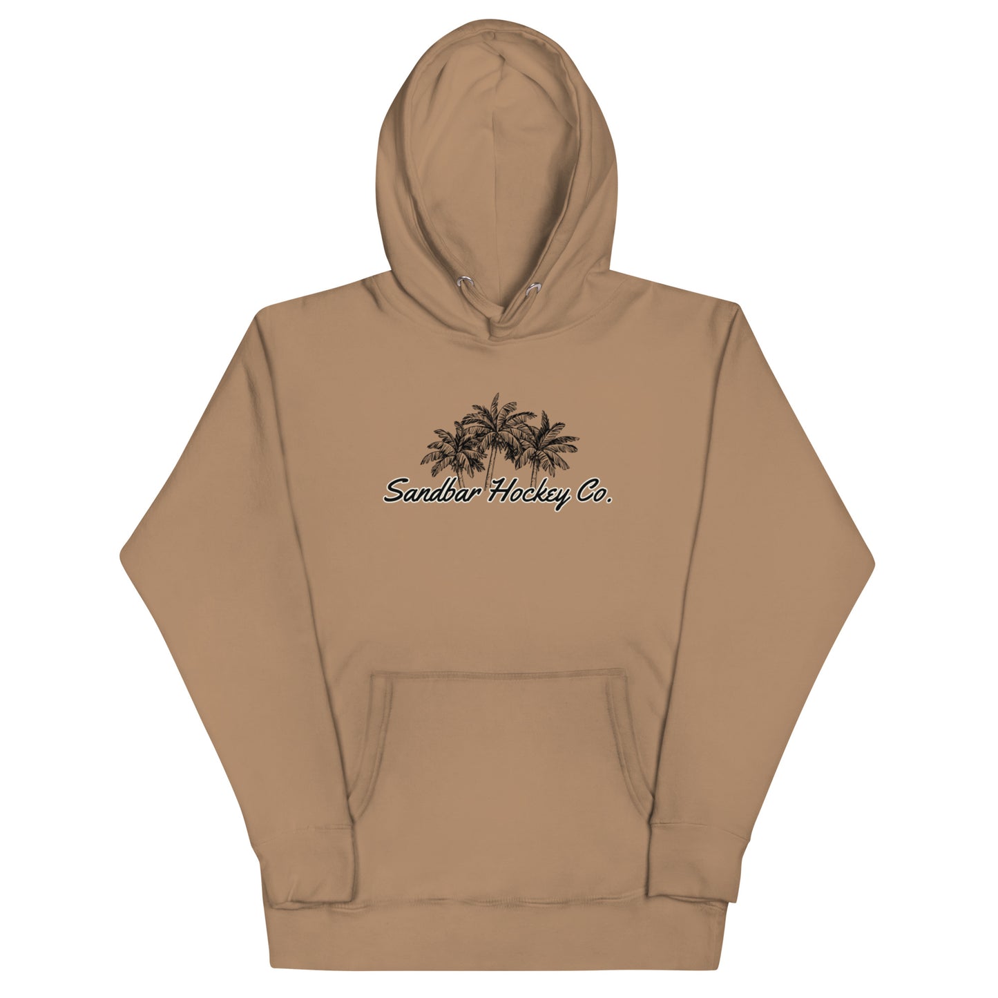 Latte Brown hockey hoodie front side with black palm tree Sandbar Hockey Co. chest logo