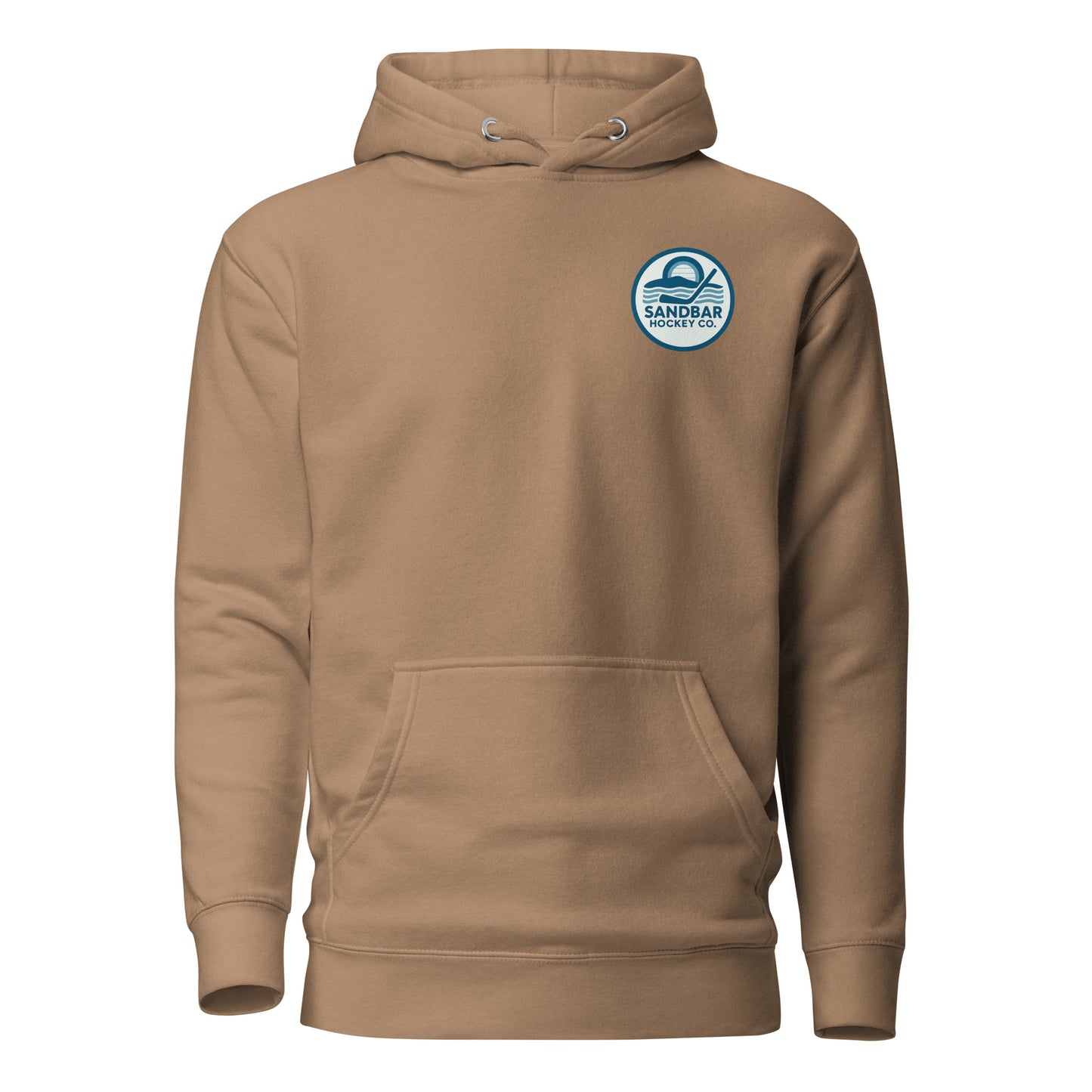 Brown hockey hoodie front side with small circular Sandbar Hockey Co. chest logo featuring sunset, water, and hockey stick