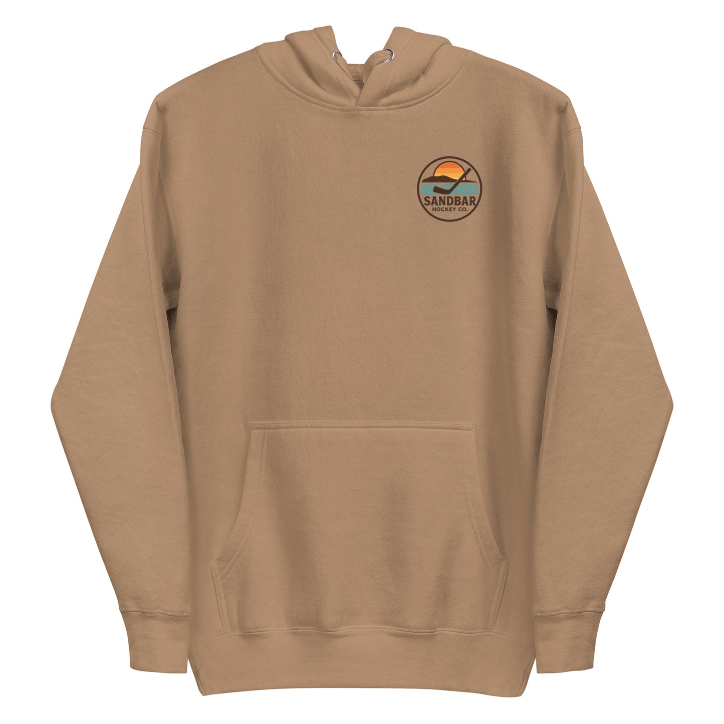 Brown hockey hoodie front side with small circular Sandbar Hockey Co. chest logo featuring sunset, water, and hockey stick