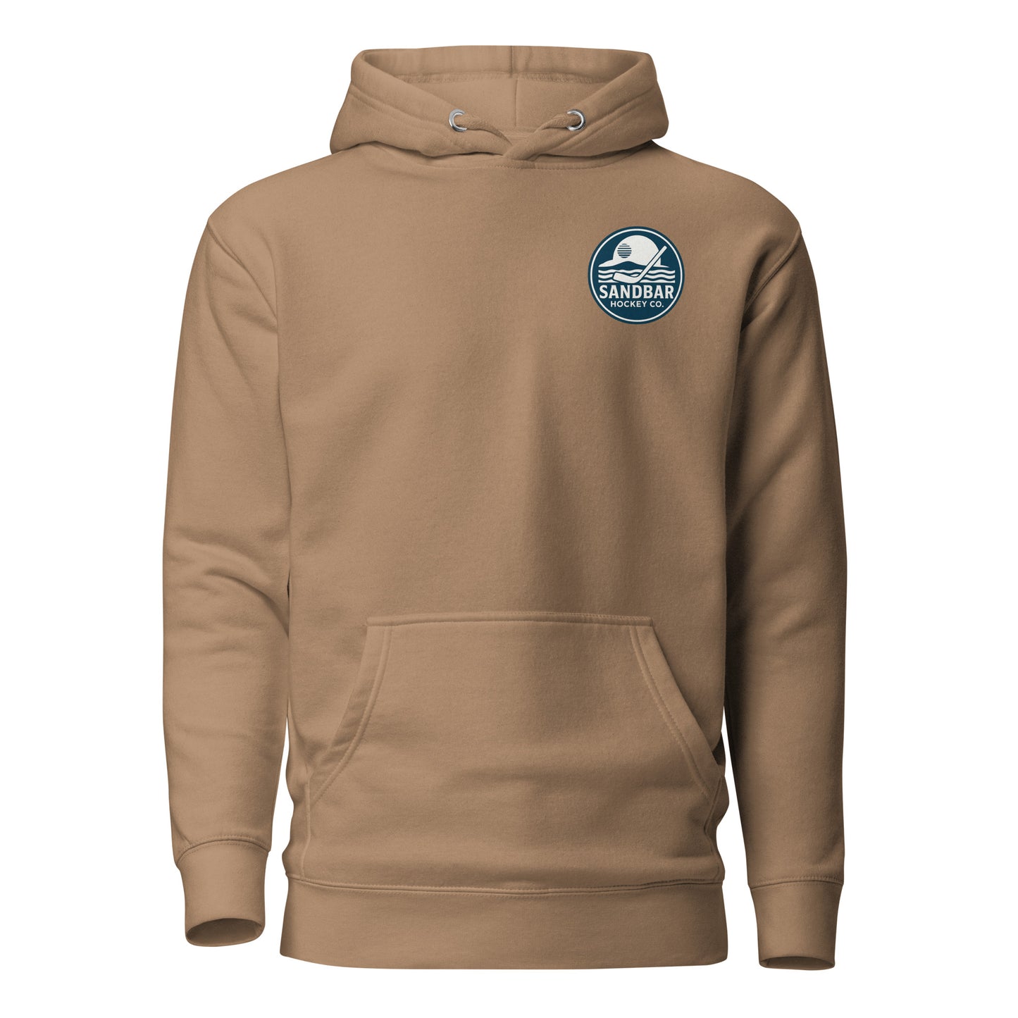 Brown Fort Myers Sandbar Hockey hoodie front view with small circular Sandbar Hockey Co. chest logo showing waves, sunset, and a hockey stick
