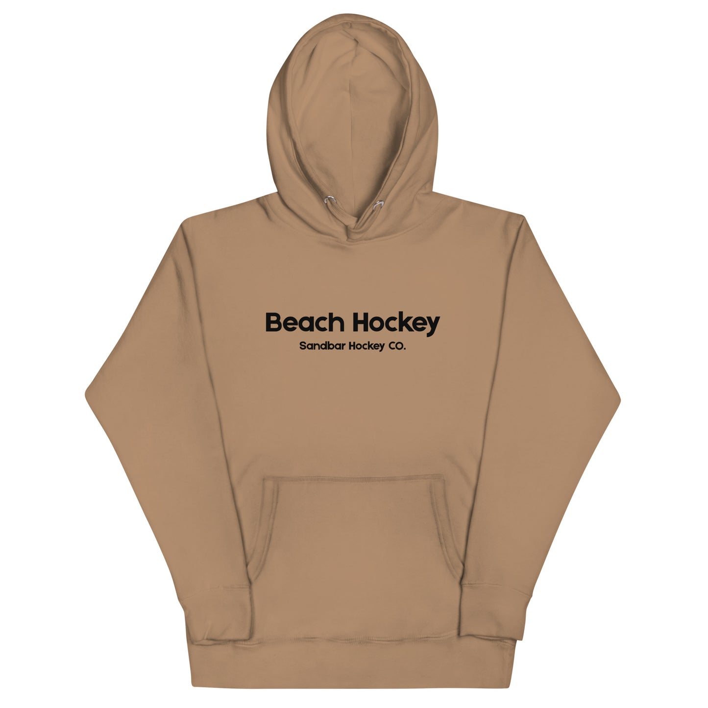 Brown beach hockey hoodie front view with Beach Hockey Sandbar Hockey Co. text on the chest.
