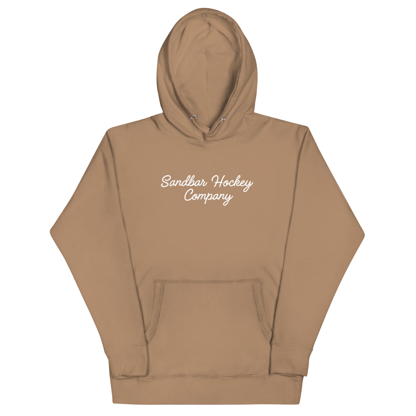 Latte Brown hockey dad hoodie front view with Sandbar Hockey Company script on the chest.
