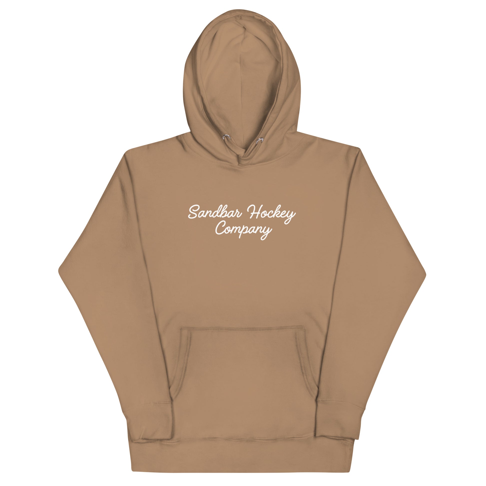Latte Brown hockey dad hoodie front view with Sandbar Hockey Company script on the chest.