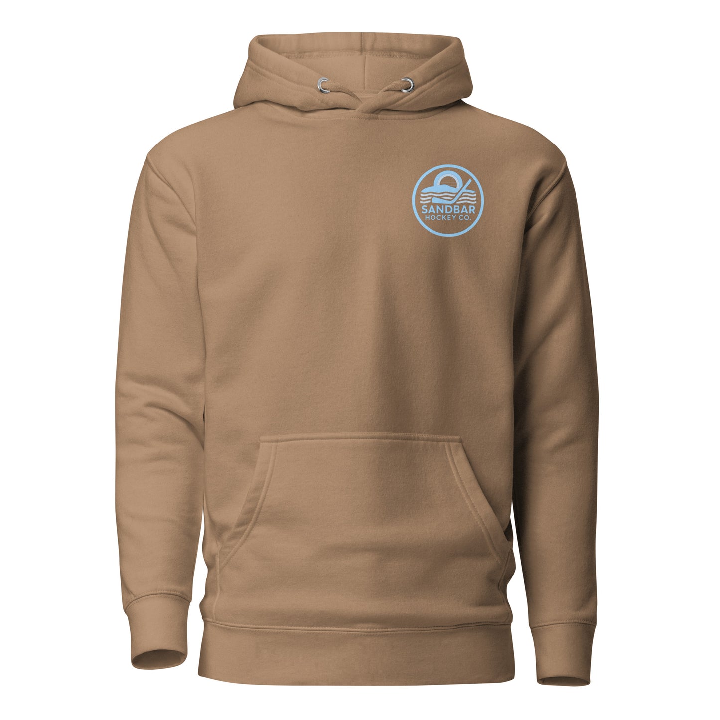 Brown Savana roller hockey hoodie front view with blue Sandbar Hockey Co. chest logo.